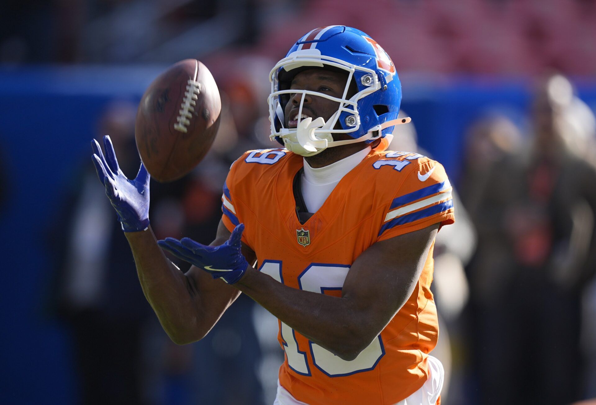 Denver Broncos wide receiver Marvin Mims Jr. (19) before the game against the Kansas City Chiefs at Empower Field at Mile High.