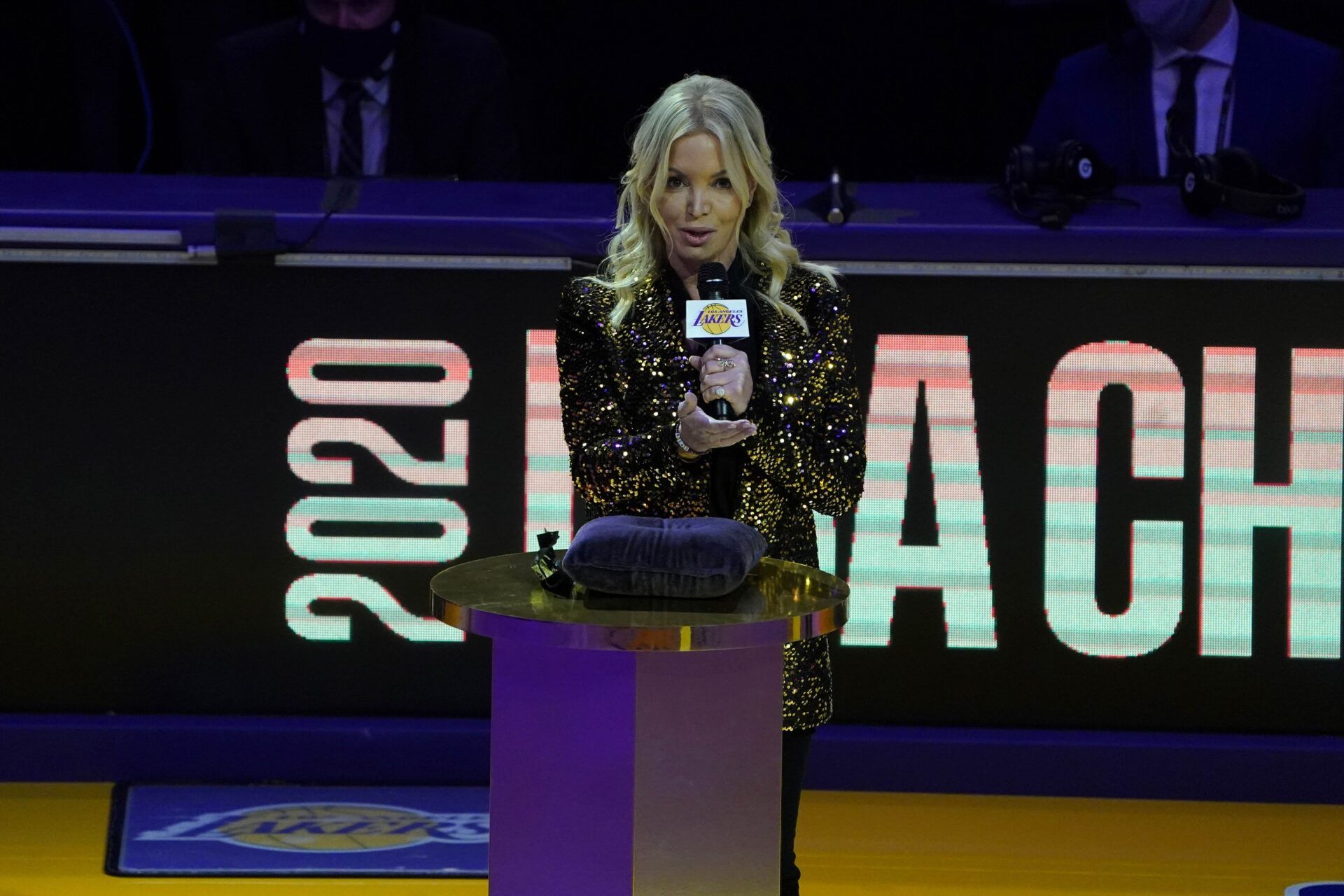 Los Angeles Lakers owner Jeanie Buss speaks at 2020 NBA Championship ring ceremony at Staples Center.