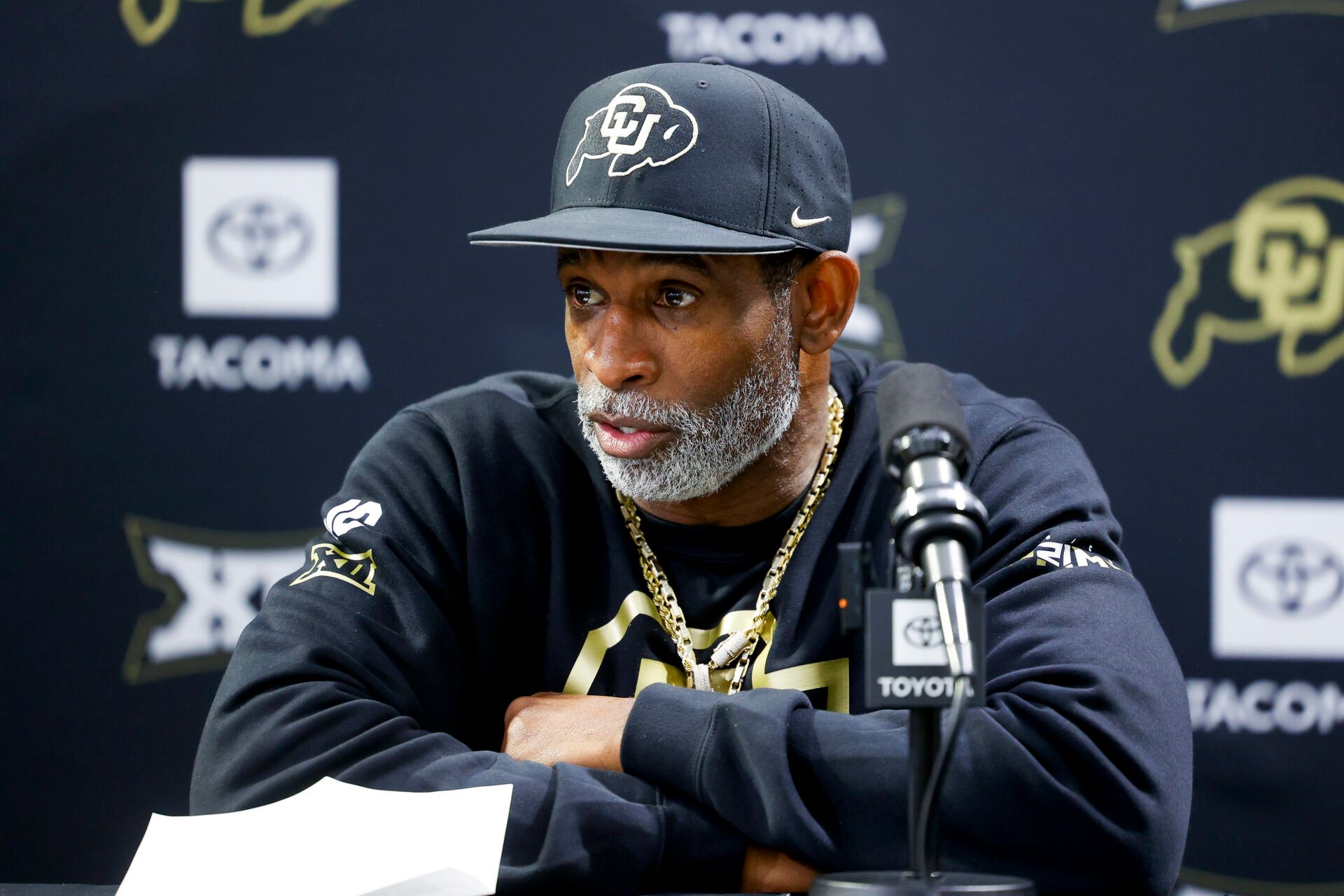 Colorado Buffaloes head coach Deion Sanders speaks to the media at the University of Colorado NFL Showcase at the CU Indoor Practice Facility.