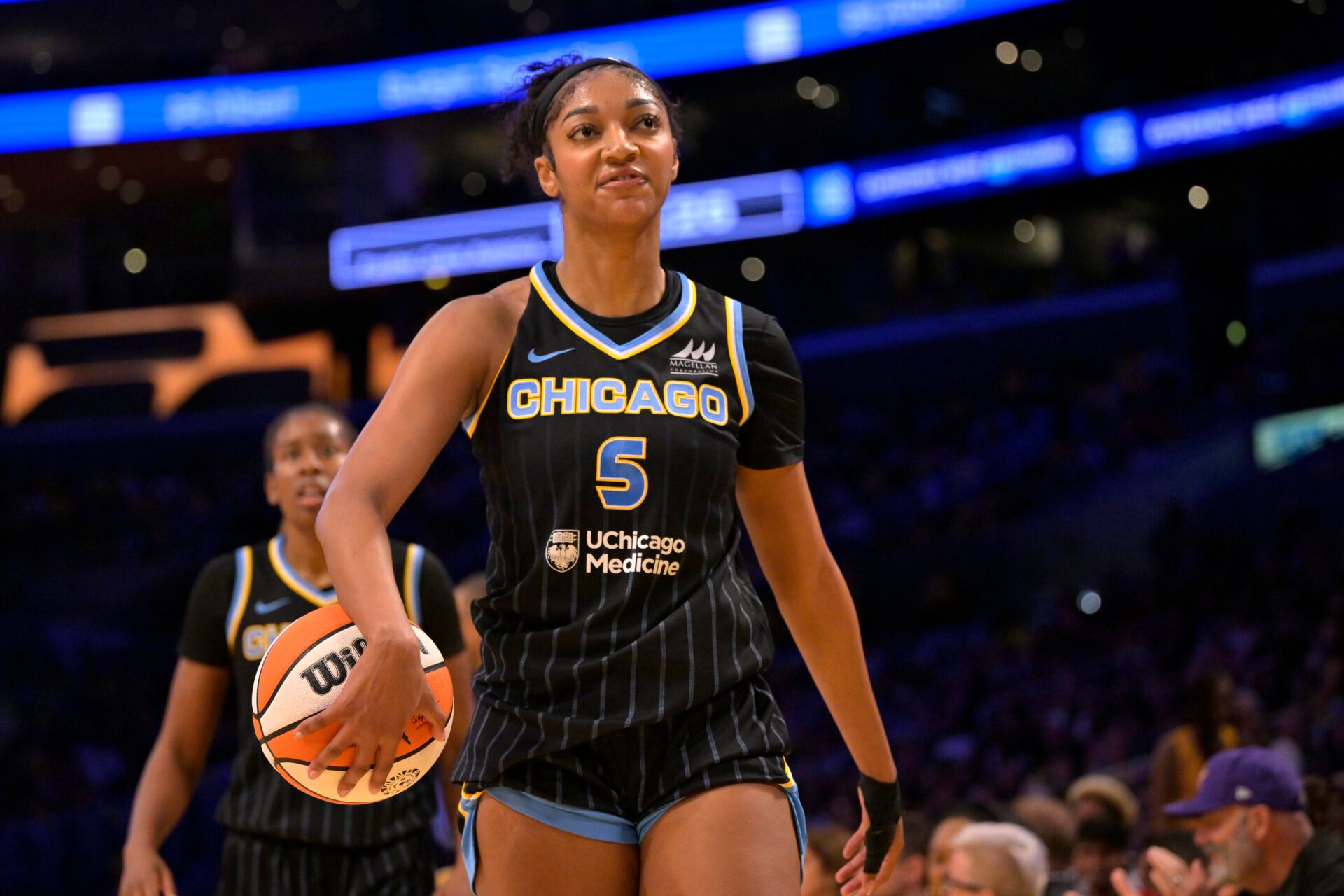 Chicago Sky forward Angel Reese (5) reacts after being called for a technical foul in the second half against the Los Angeles Sparks at Crypto.com Arena.