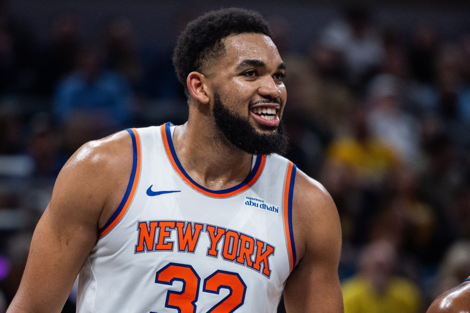 New York Knicks center Karl-Anthony Towns (32) in the first half against the Indiana Pacers at Gainbridge Fieldhouse.