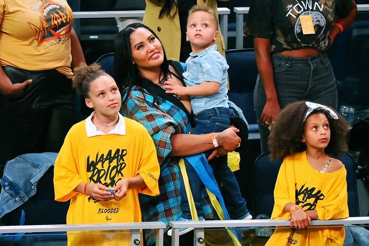 Ayesha Curry, wife of Golden State Warriors guard Stephen Curry (not pictured), with her children after winning game five of the 2022 western conference finals against the Dallas Mavericks at Chase Center.