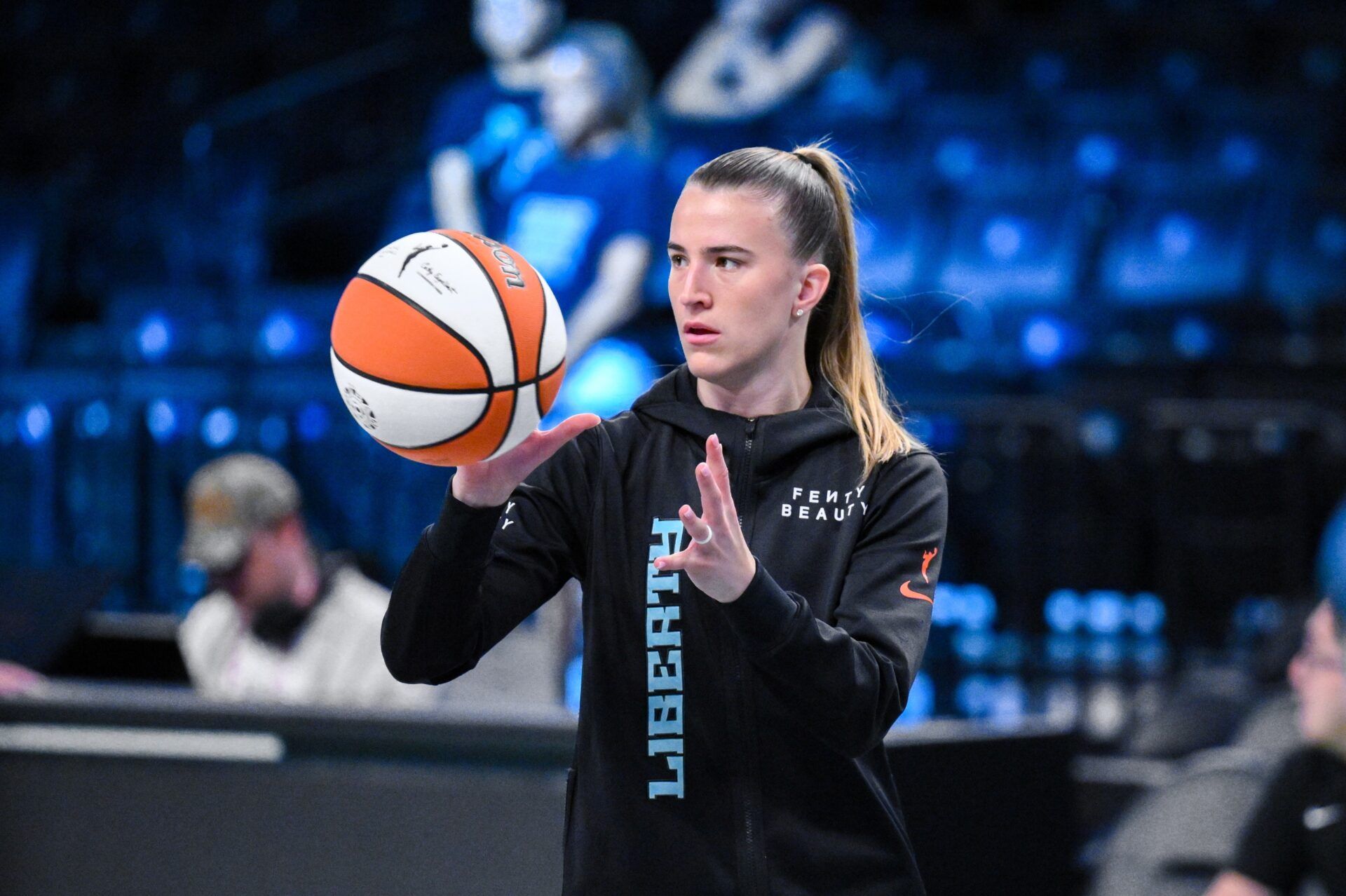 New York Liberty guard Sabrina Ionescu (20) warms up before a game against the Seattle Storm at Barclays Center.