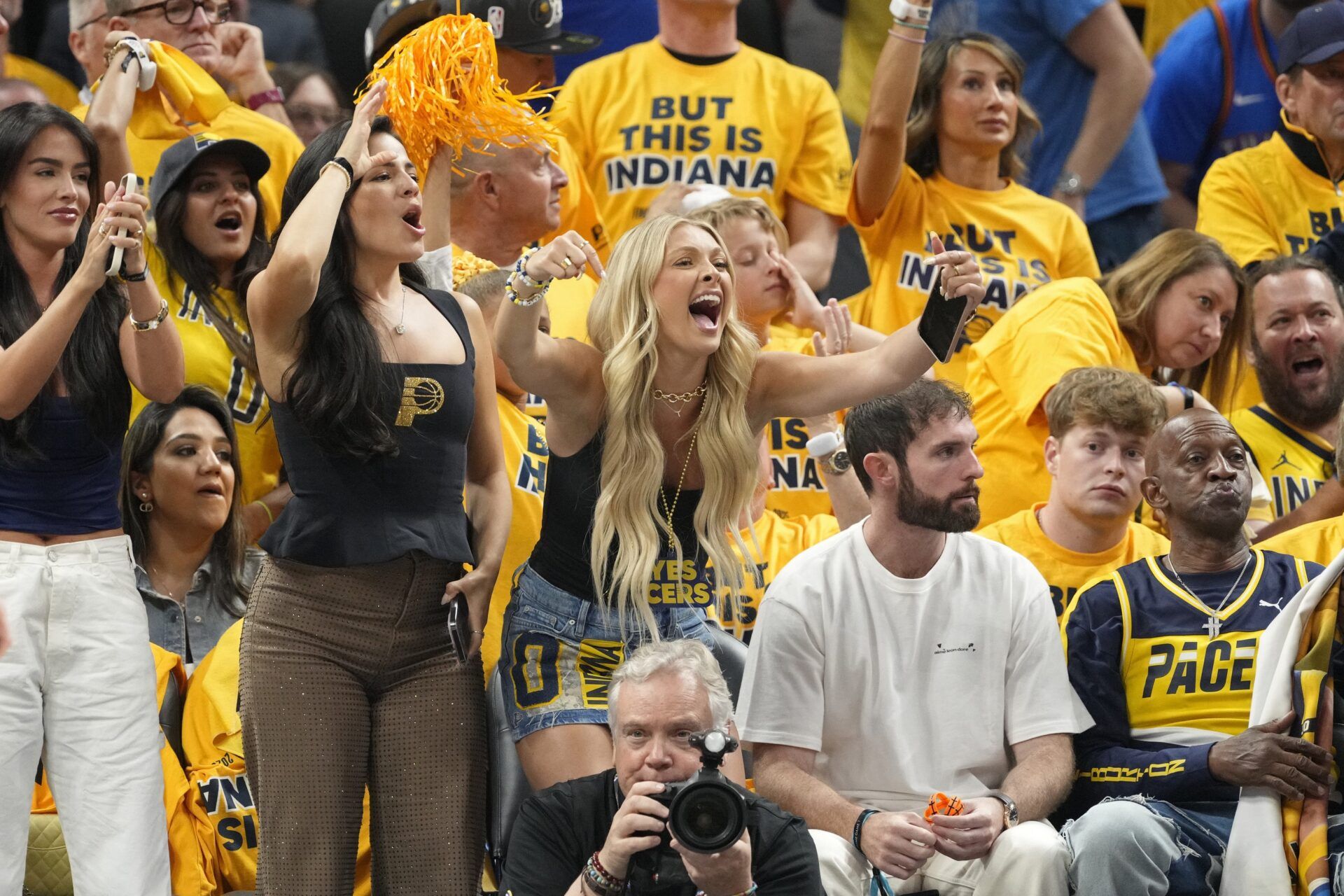 Jade Jones (center), girlfriend of Indiana Pacers guard Tyrese Haliburton (not pictured), cheers during the first half during game three of the 2025 NBA Finals against the Oklahoma City Thunder at Gainbridge Fieldhouse.