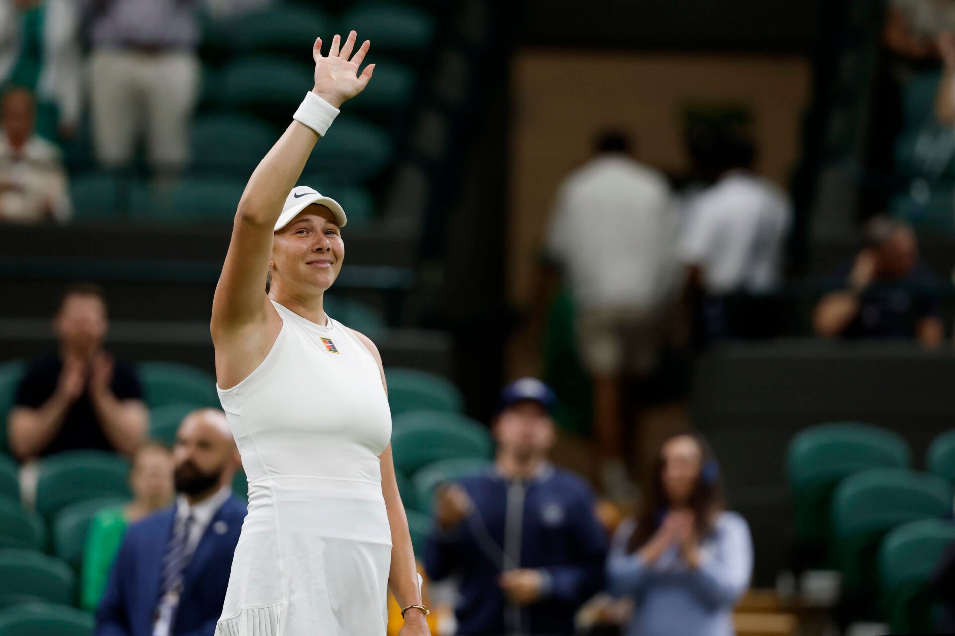 Amanda Anisimova (USA) waves to the crowd after her match against Linda Noskova (CZE)(not pictured) on day seven of The Championships Wimbledon 2025 at All England Lawn Tennis and Croquet Club.
