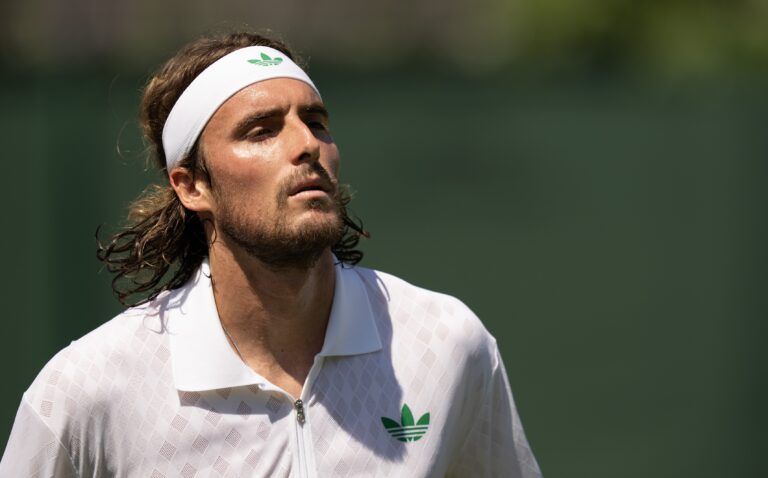 Stefanos Tsitsipas of Greece during his match against Valentin Royer of France on day one at the All England Lawn Tennis and Croquet Club.