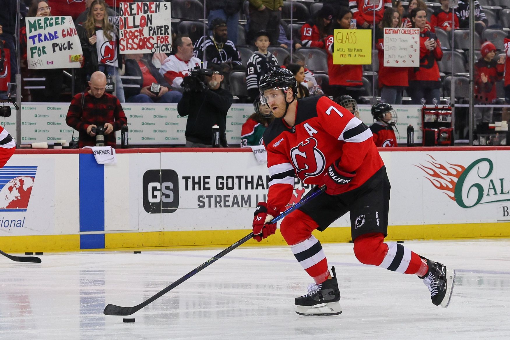 New Jersey Devils defenseman Dougie Hamilton (7) skates during warmups for their game against the Detroit Red Wings at Prudential Center. Hamilton had been out with an injury since March 4, 2025.