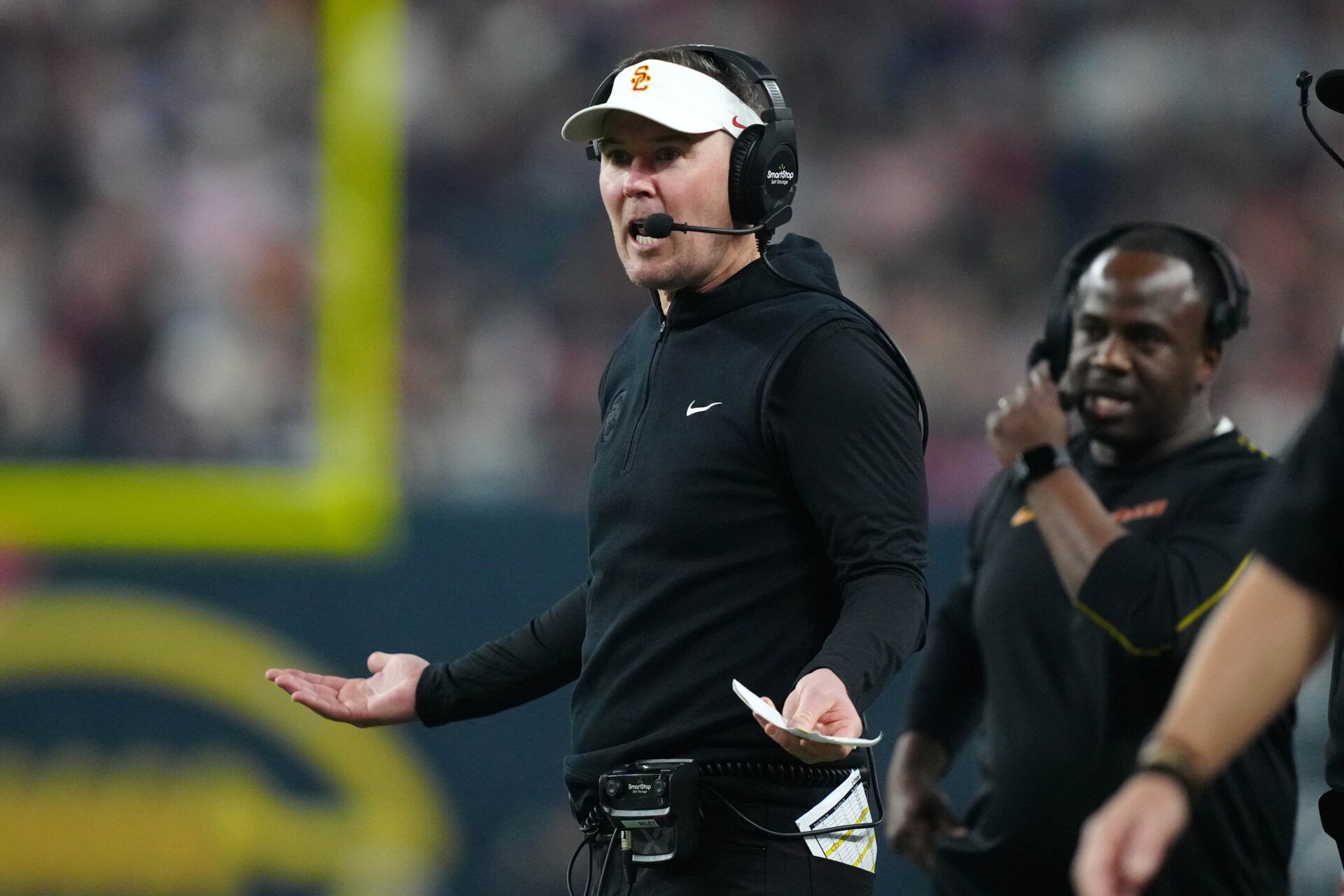 Southern California Trojans head coach Lincoln Riley reacts against the Texas A&M Aggies in the first half at Allegiant Stadium.