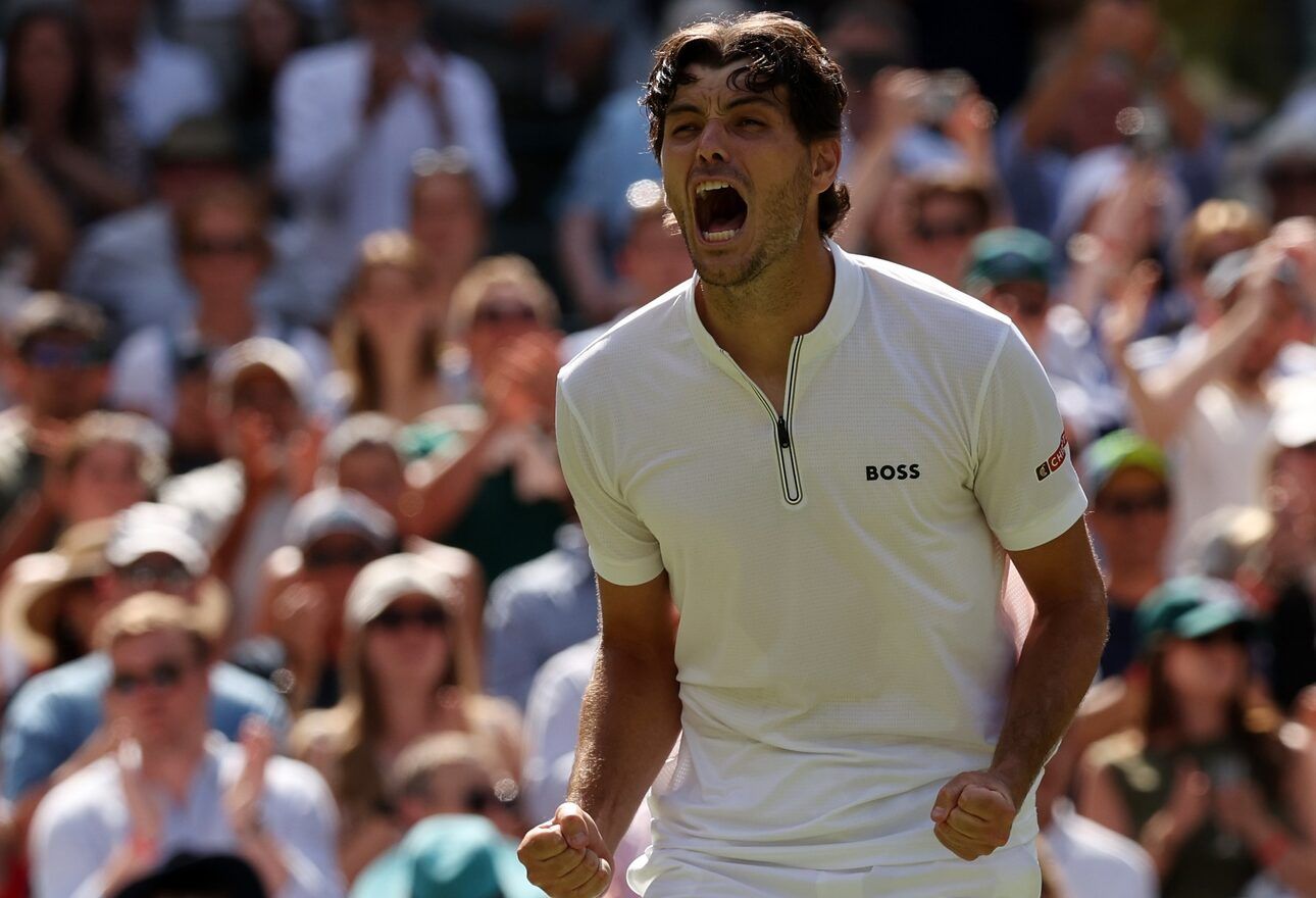 Taylor Fritz (USA) celebrates after his match against Karen Khachanov (not pictured) in a gentlemen's singles quarter-final on day eight of The Championships Wimbledon 2025 at All England Lawn Tennis and Croquet Club.