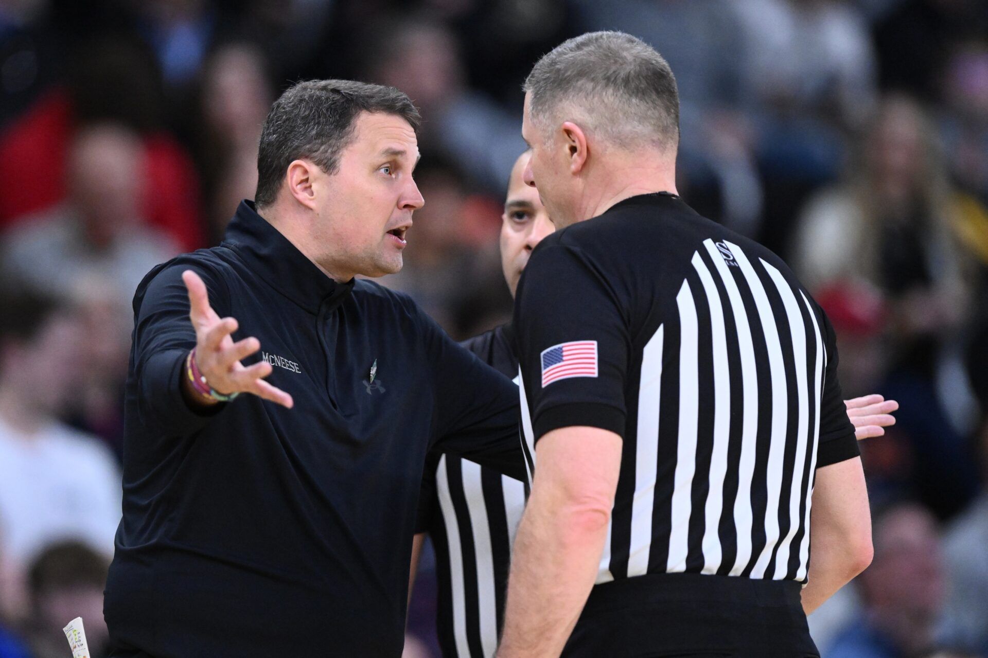 McNeese State Cowboys head coach Will Wade talks to an official during the second half of a second round men’s NCAA Tournament game against the Purdue Boilermakers at Amica Mutual Pavilion.