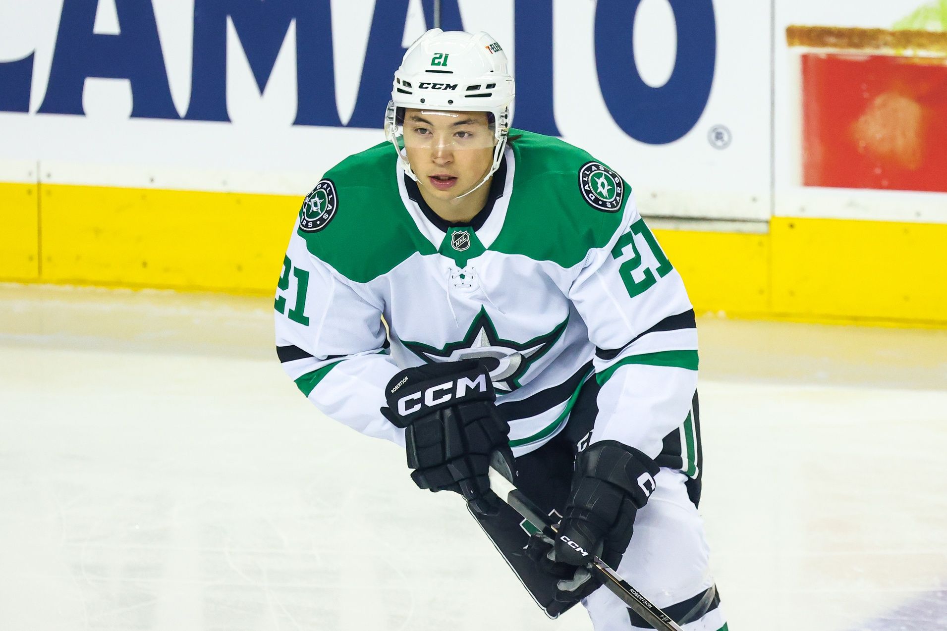 Dallas Stars left wing Jason Robertson (21) skates during the warmup period against the Calgary Flames at Scotiabank Saddledome.