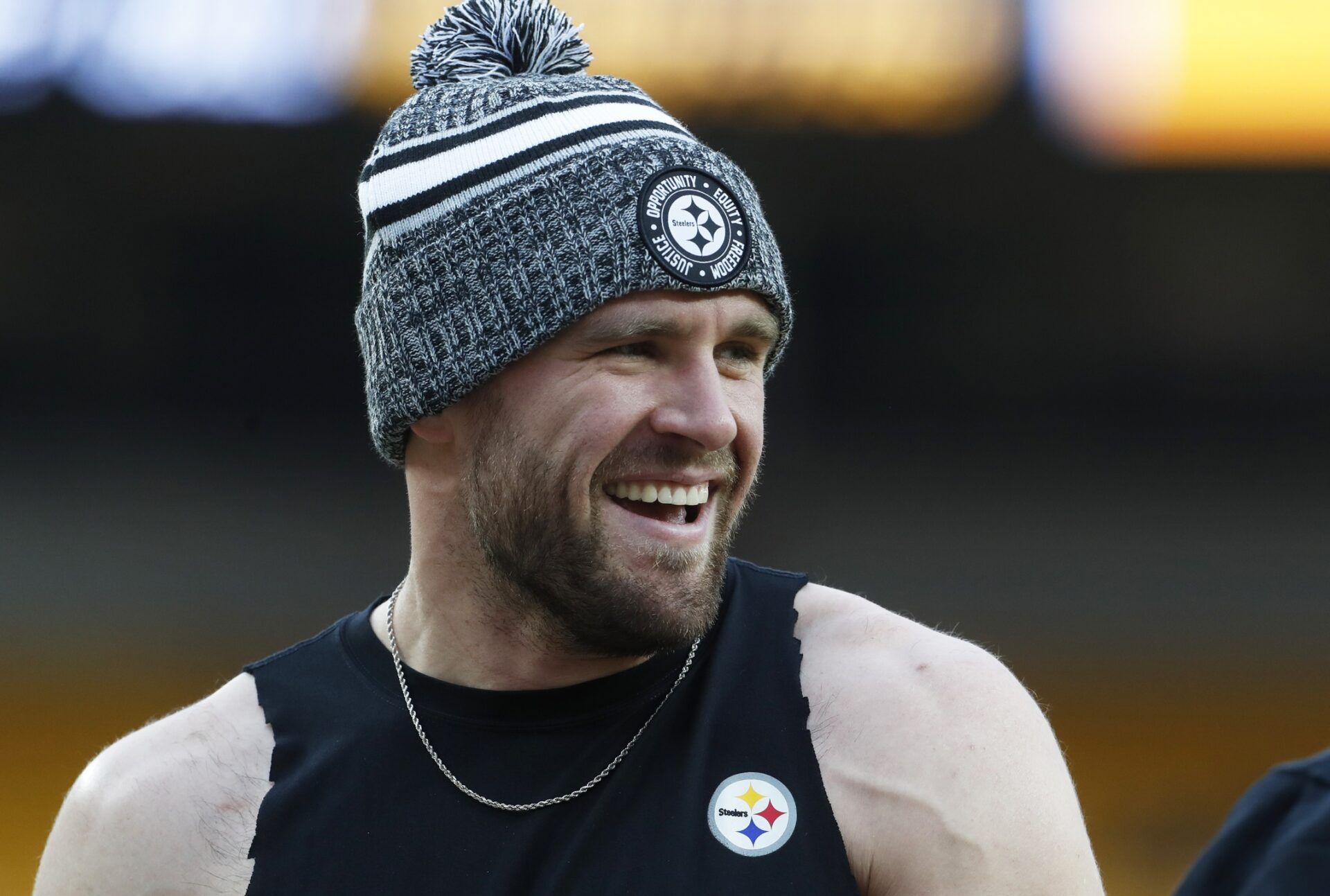 Pittsburgh Steelers linebacker T.J. Watt (90) smiles during warm ups before the game against the Cincinnati Bengals at Acrisure Stadium.