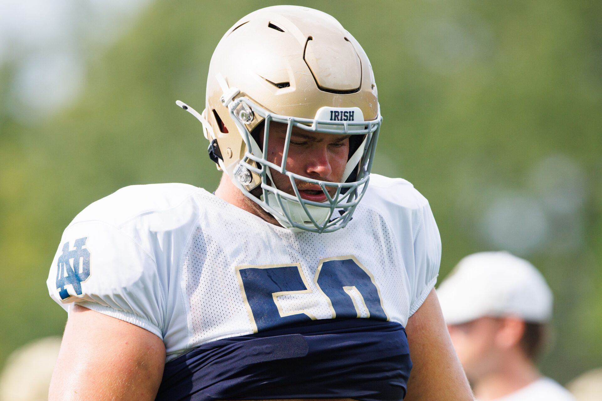 Notre Dame offensive lineman Rocco Spindler participates in a drill during a Notre Dame football practice at Irish Athletic Center on Tuesday, Aug. 6, 2024, in South Bend.