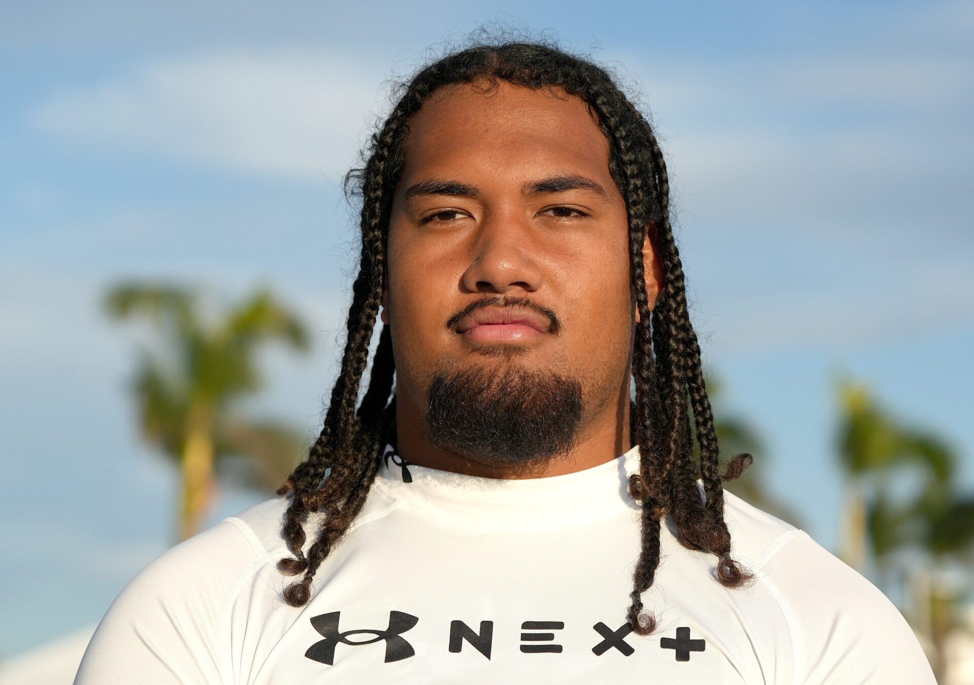 (#44) Keenyi Pepe, OL, 6'7, 330 pounds, for the white team, Class of 2026, during IMG's Academy Pro Day held at IMG's football field in Bradenton, FL on Thursday, Feb, 27, 2025.