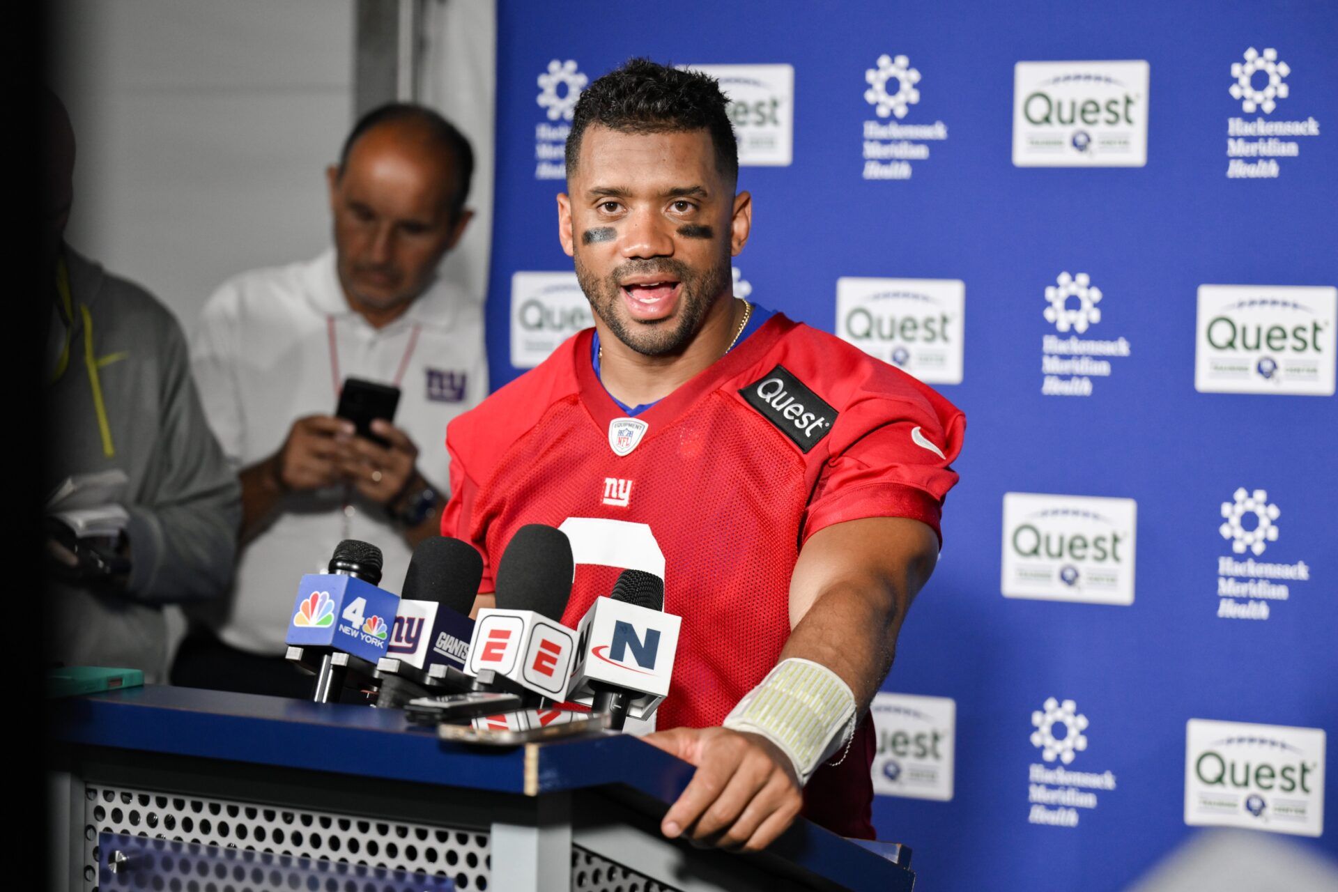 New York Giants quarterback Russell Wilson (3) speaks at a press conference during minicamp at Quest Diagnostics Training Center.