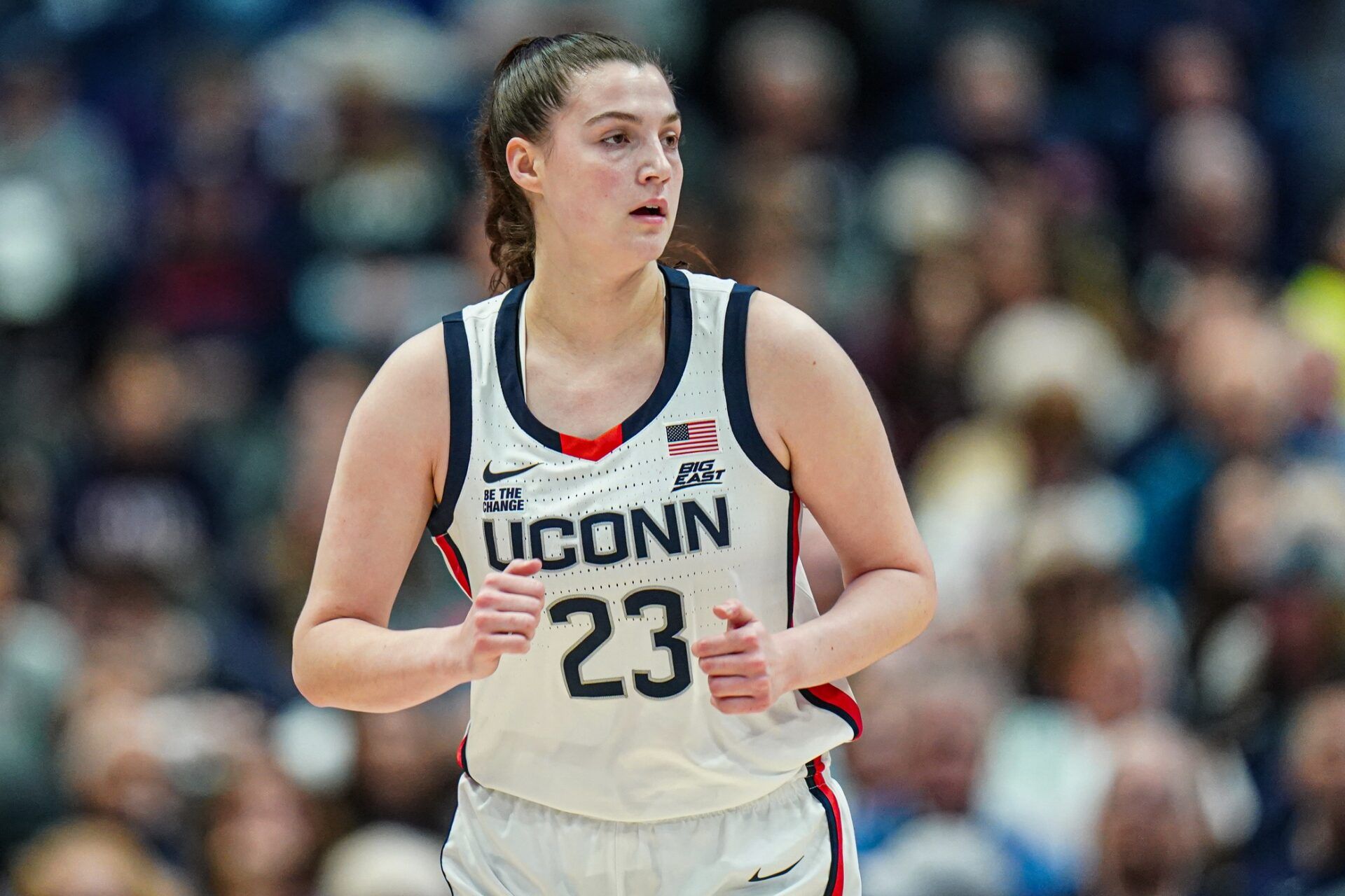 UConn Huskies guard Morgan Cheli (23) return up court against the Boston University Terriers in the second half at Harry A. Gampel Pavilion.