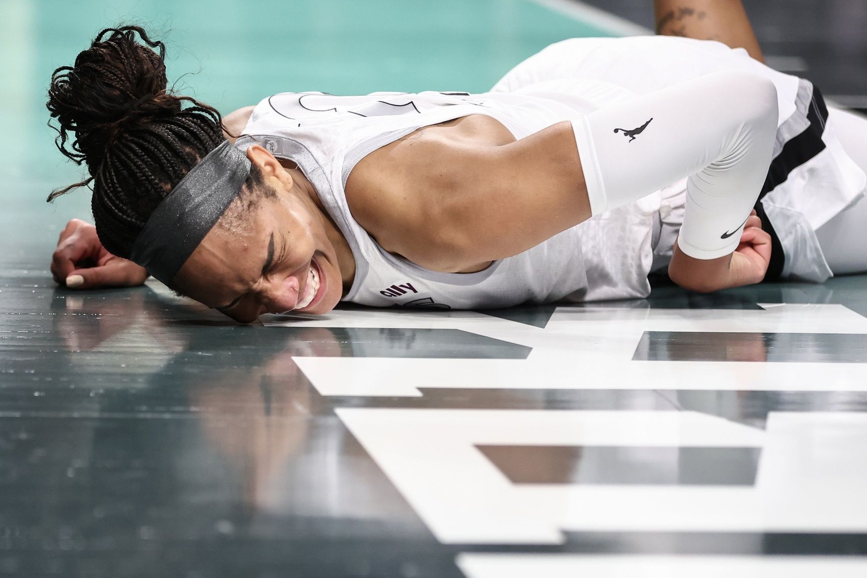 Las Vegas Aces center A'ja Wilson (22) reacts after getting fouled in the first quarter against the New York Liberty at Barclays Center.