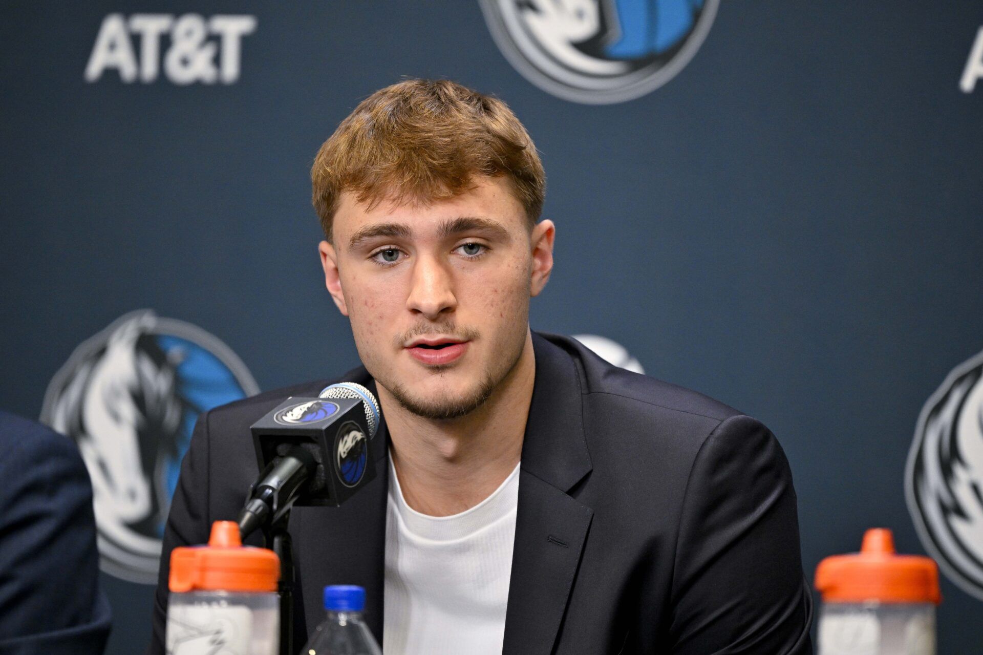 Dallas Mavericks first overall pick Cooper Flagg speaks to the media during a press conference at the Dallas Mavericks Practice Facility.