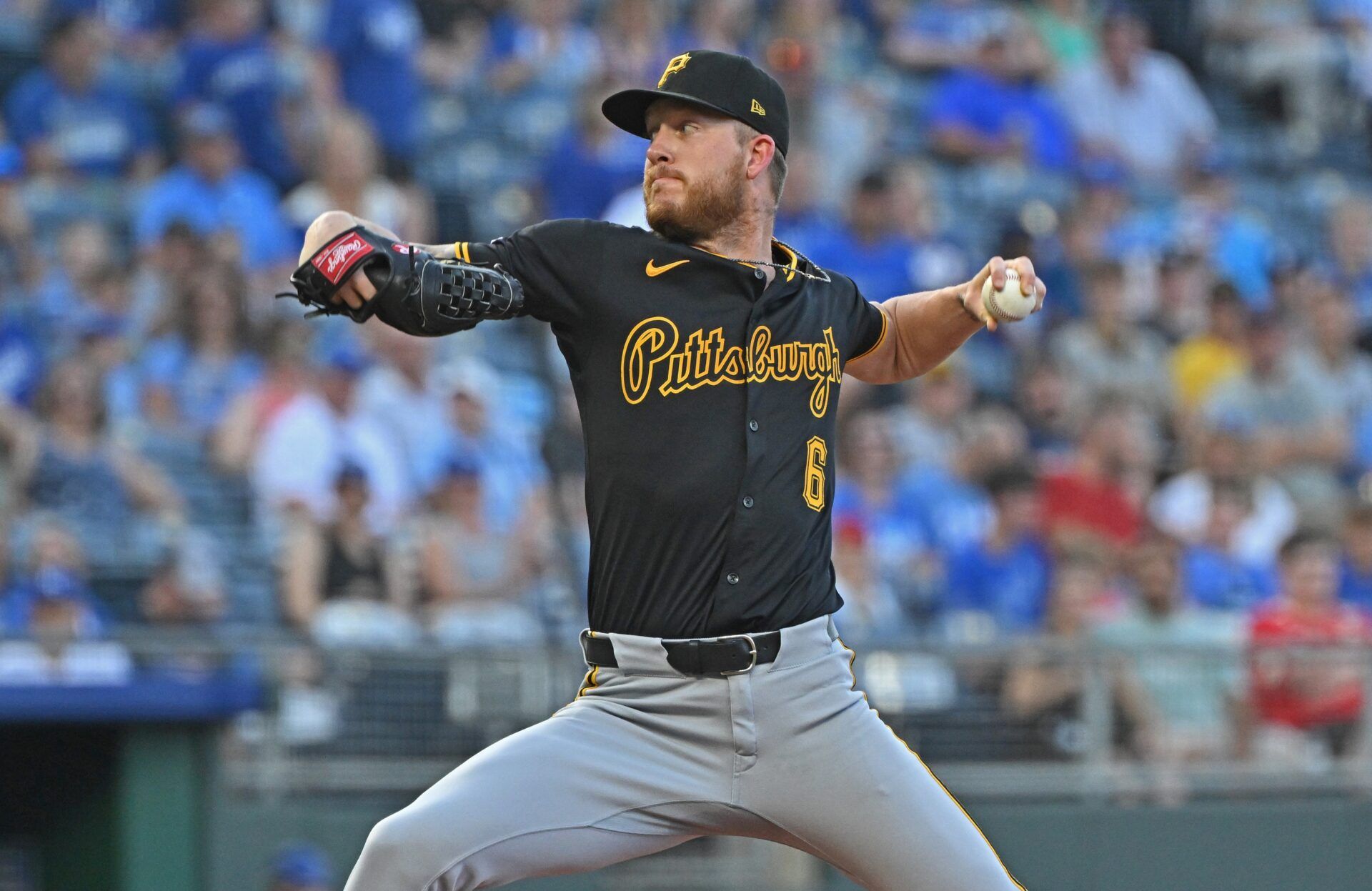 Pittsburgh Pirates starting pitcher Bailey Falter (6) throws a pitch in the first inning against the Kansas City Royals at Kauffman Stadium.