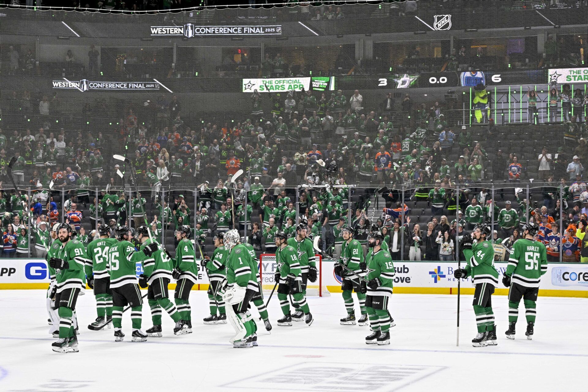 The Dallas Stars salute their fans after the game between the Dallas Stars and the Edmonton Oilers in game five of the Western Conference Final of the 2025 Stanley Cup Playoffs at American Airlines Center.