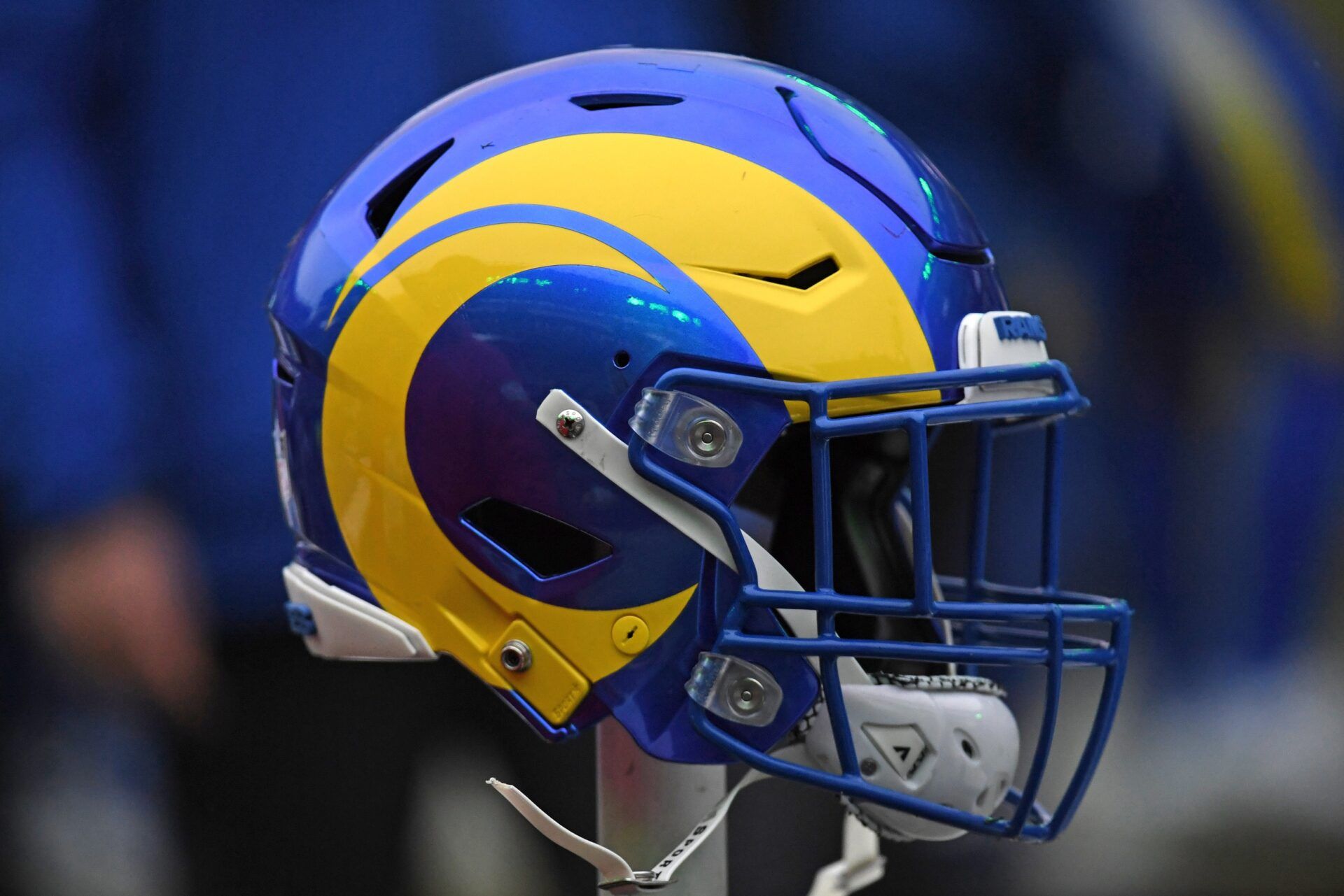 Los Angeles Rams helmet on the sidelines against the Philadelphia Eagles in a 2025 NFC divisional round game at Lincoln Financial Field.