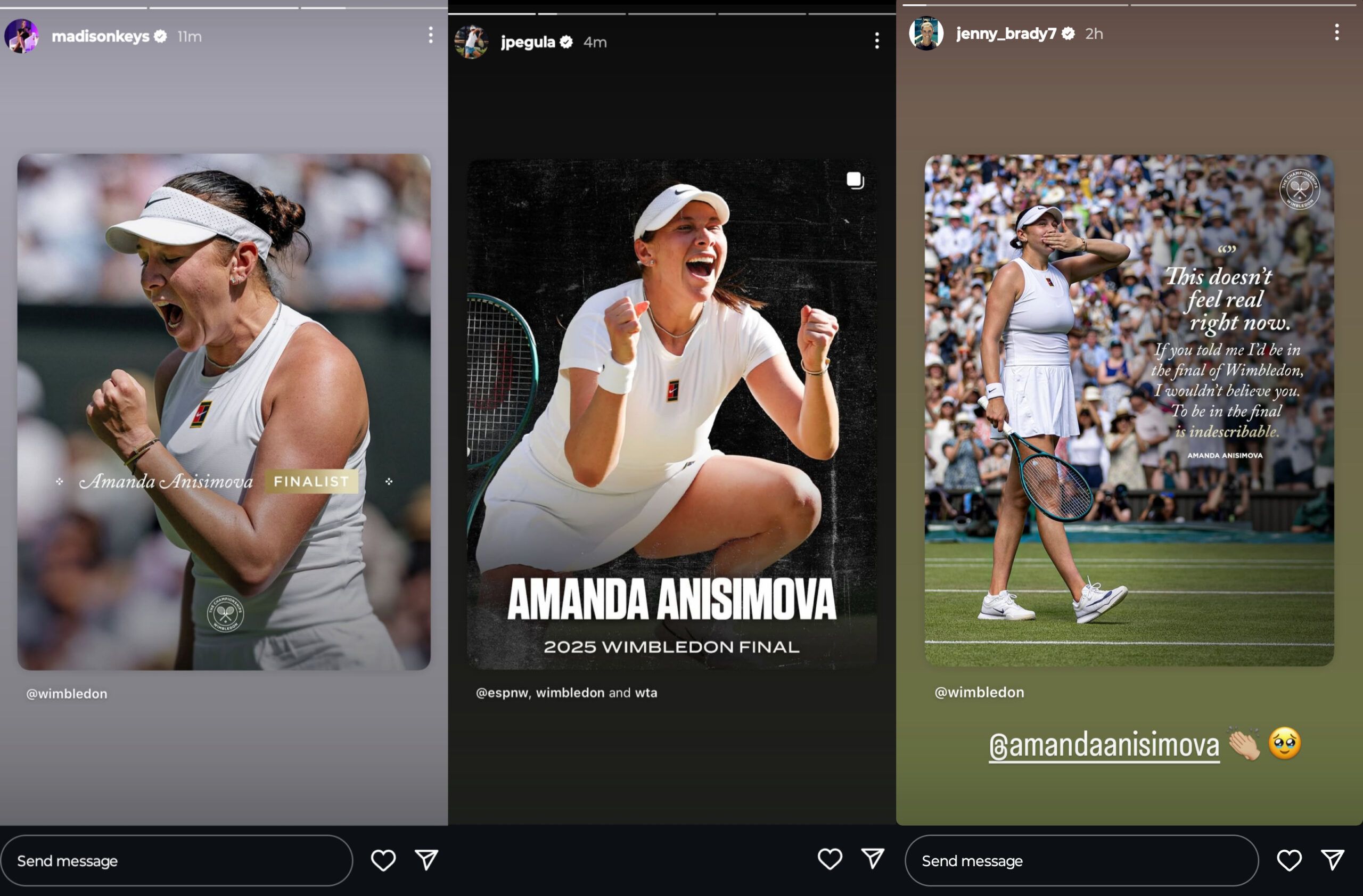 Screen grab of players celebrating Amanda Anisimova reaching the final of the 2025 Wimbledon Championships