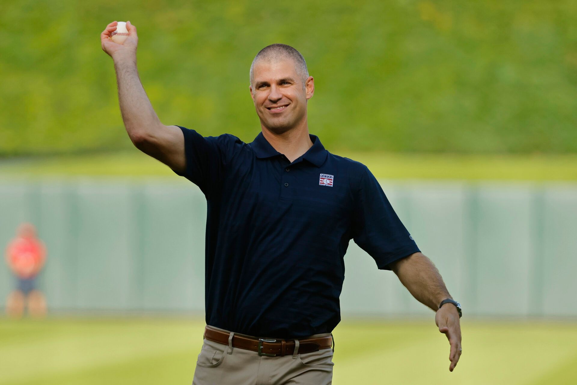Minnesota Twins former player Joe Mauer throws a ceremonial pitch as the team honors his recent induction into the Baseball 
Hall of Fame before a game against the Chicago White Sox at Target Field.