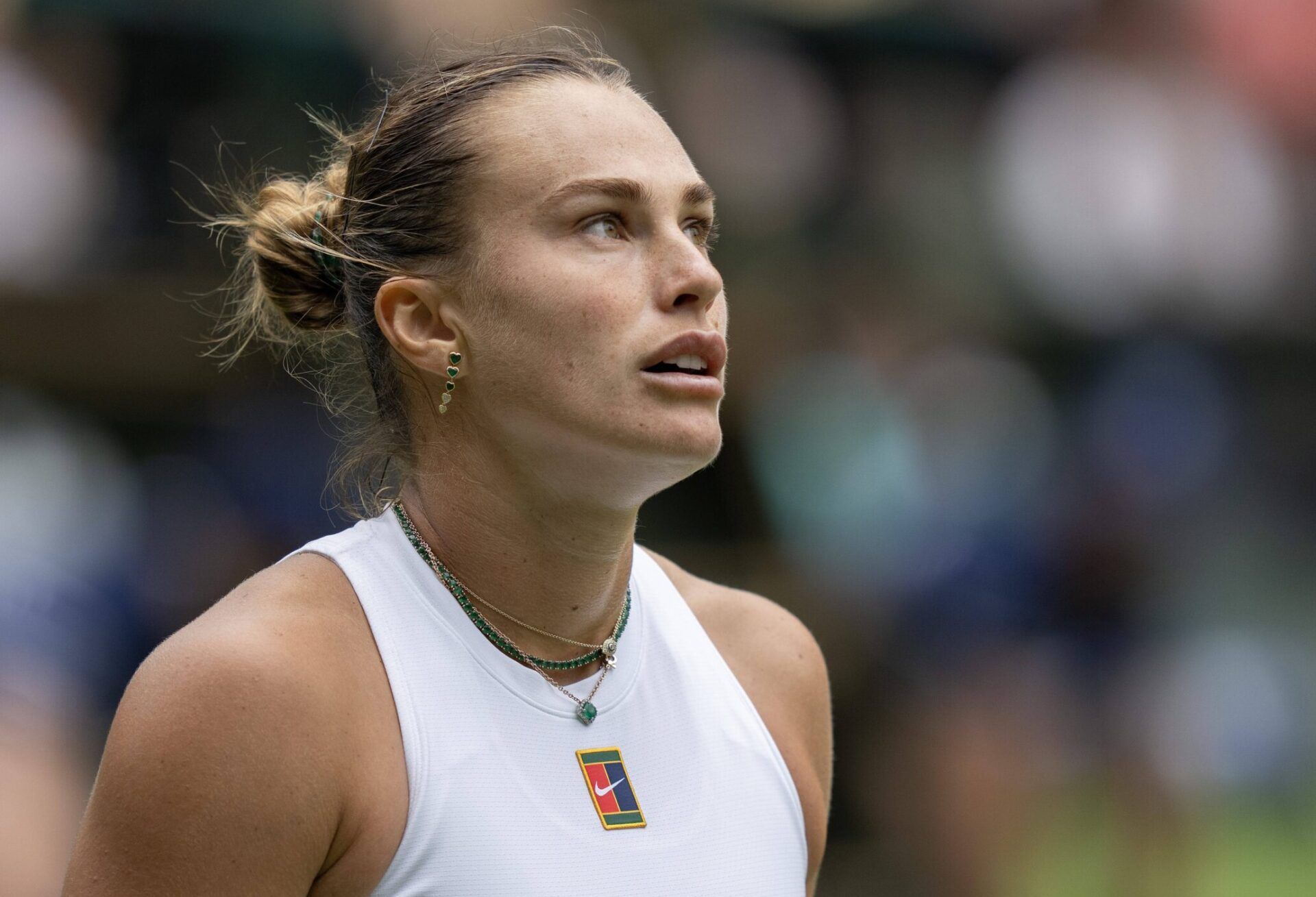Aryna Sabalenka during her match against Marie Bouzkova of the Czech Republic on day three at the All England Lawn Tennis and Croquet Club.