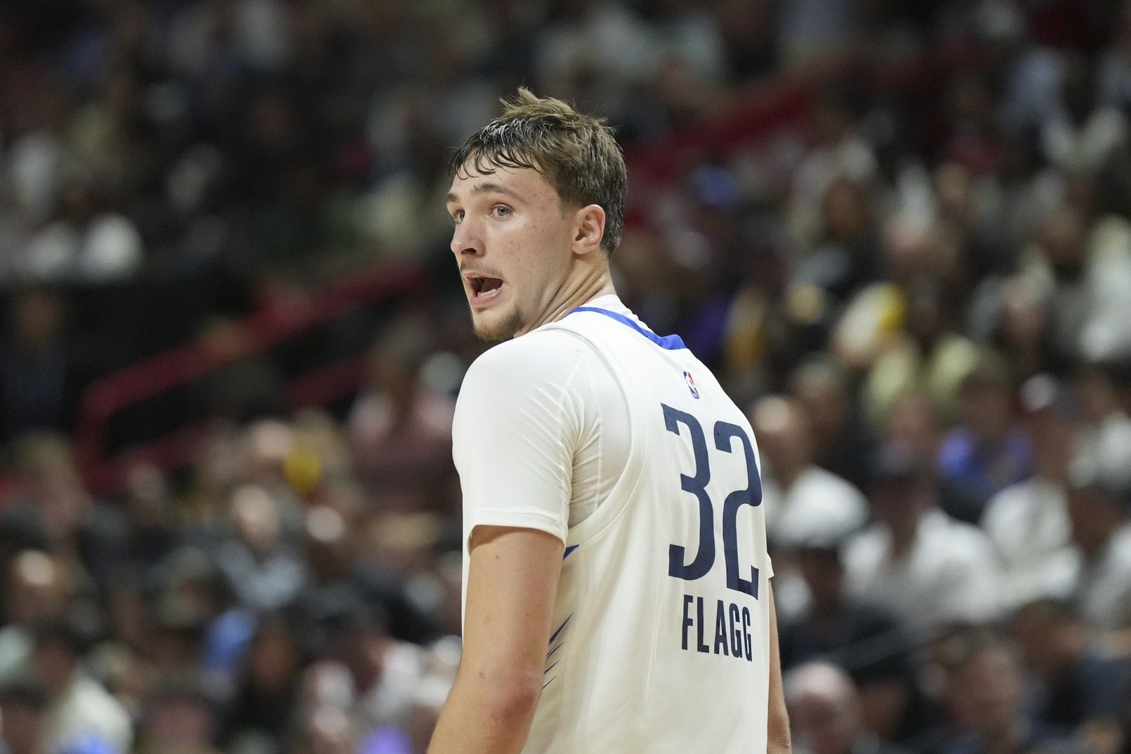 Dallas Mavericks forward Cooper Flagg (32) looks on against the Los Angeles Lakers in the second quarter of their game at Thomas & Mack Center.