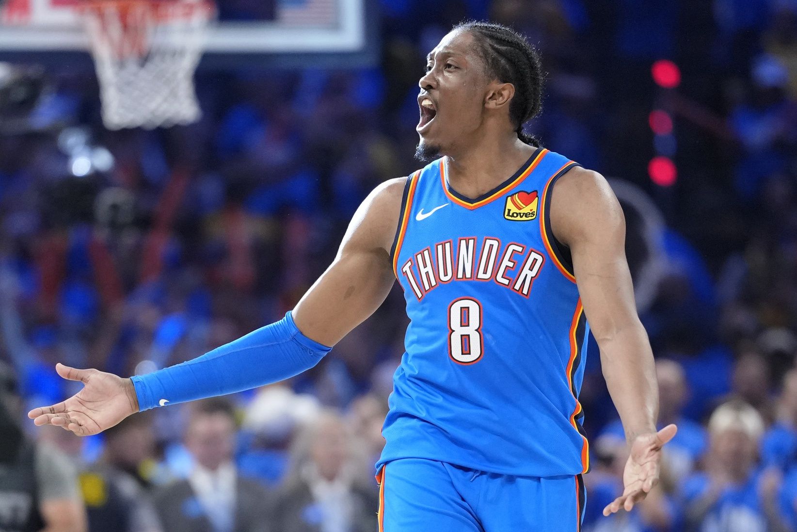 Oklahoma City Thunder forward Jalen Williams (8) reacts after a play against the Indiana Pacers during the second half of game seven of the 2025 NBA Finals at Paycom Center.
