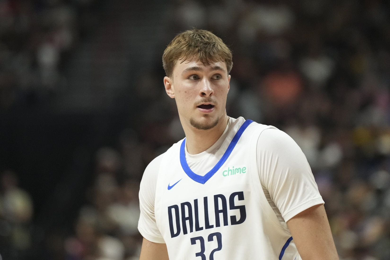 Dallas Mavericks forward Cooper Flagg (32) looks on in the first quarter of the game against the Los Angeles Lakers at Thomas & Mack Center.