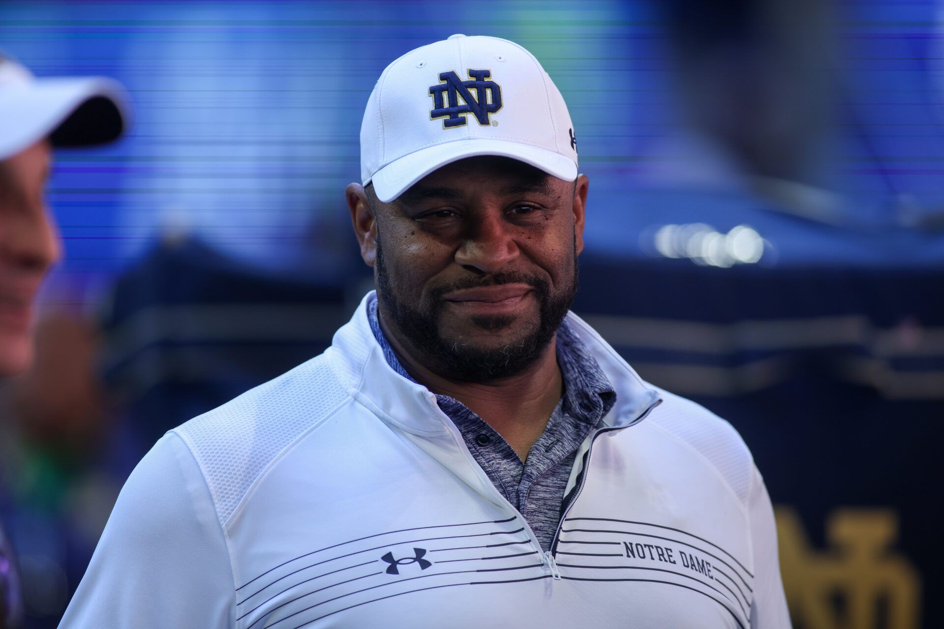 Former Notre Dame Fighting Irish running back Jerome Bettis on the field before a game against the Georgia Tech Yellow Jackets at Mercedes-Benz Stadium.
