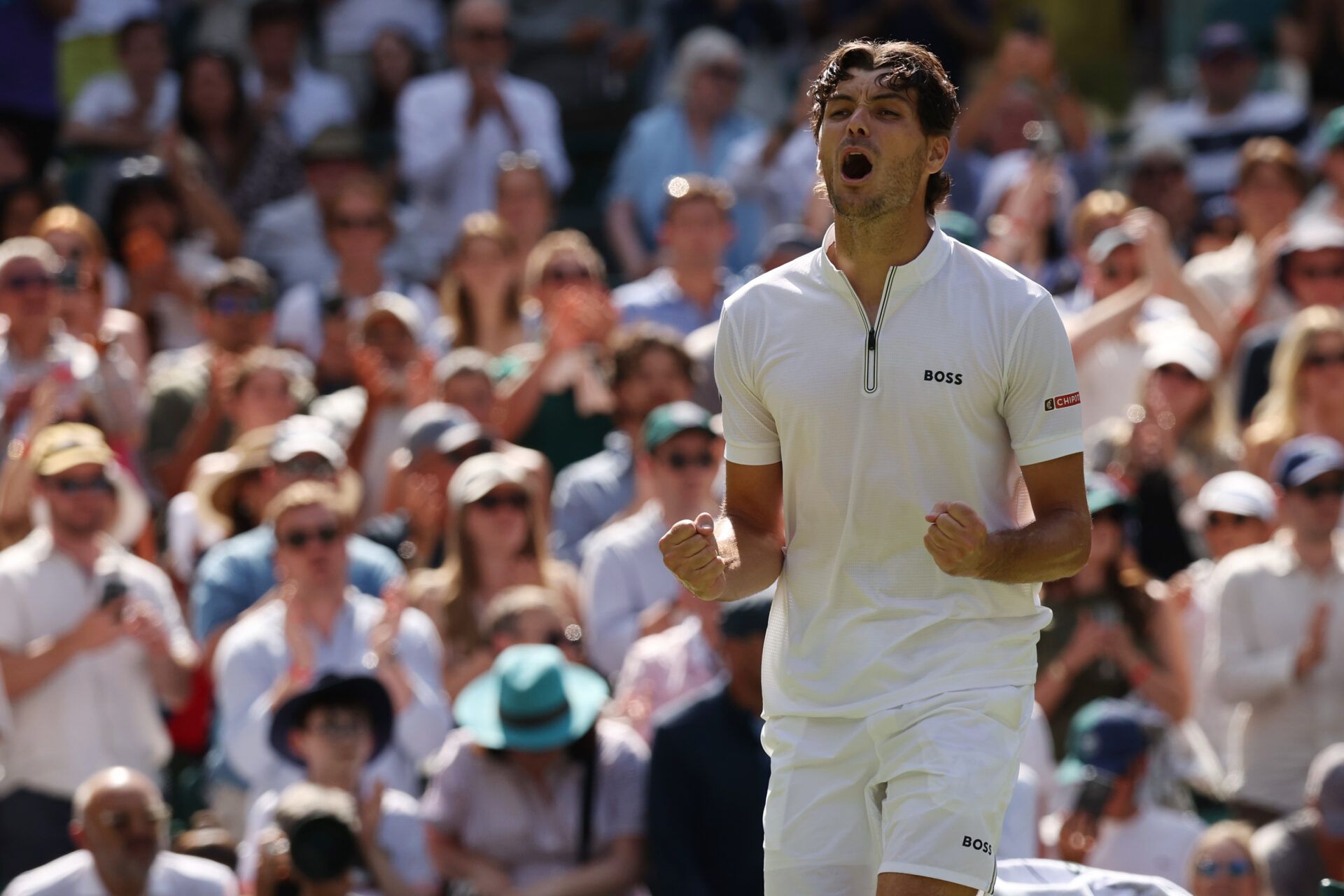 Taylor Fritz (USA) celebrates after his match against Karen Khachanov (not pictured) in a gentlemen's singles quarter-final on day eight of The Championships Wimbledon 2025 at All England Lawn Tennis and Croquet Club.