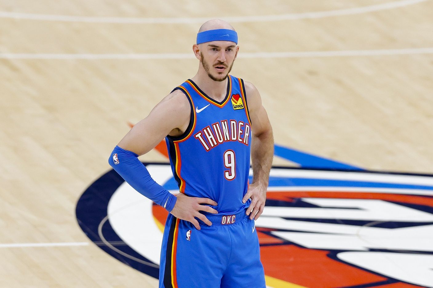 Oklahoma City Thunder guard Alex Caruso (9) looks on during the third quarter against the Indiana Pacers in game two of the 2025 NBA Finals at Paycom Center.
