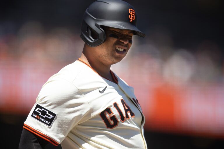 San Francisco Giants designated hitter Rafael Devers (16) reacts to a called strike during the sixth inning against the Philadelphia Phillies at Oracle Park.