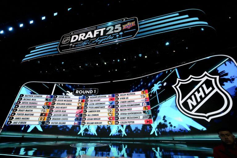 The draft board is seen following the first round of the 2025 NHL Draft at Peacock Theater.