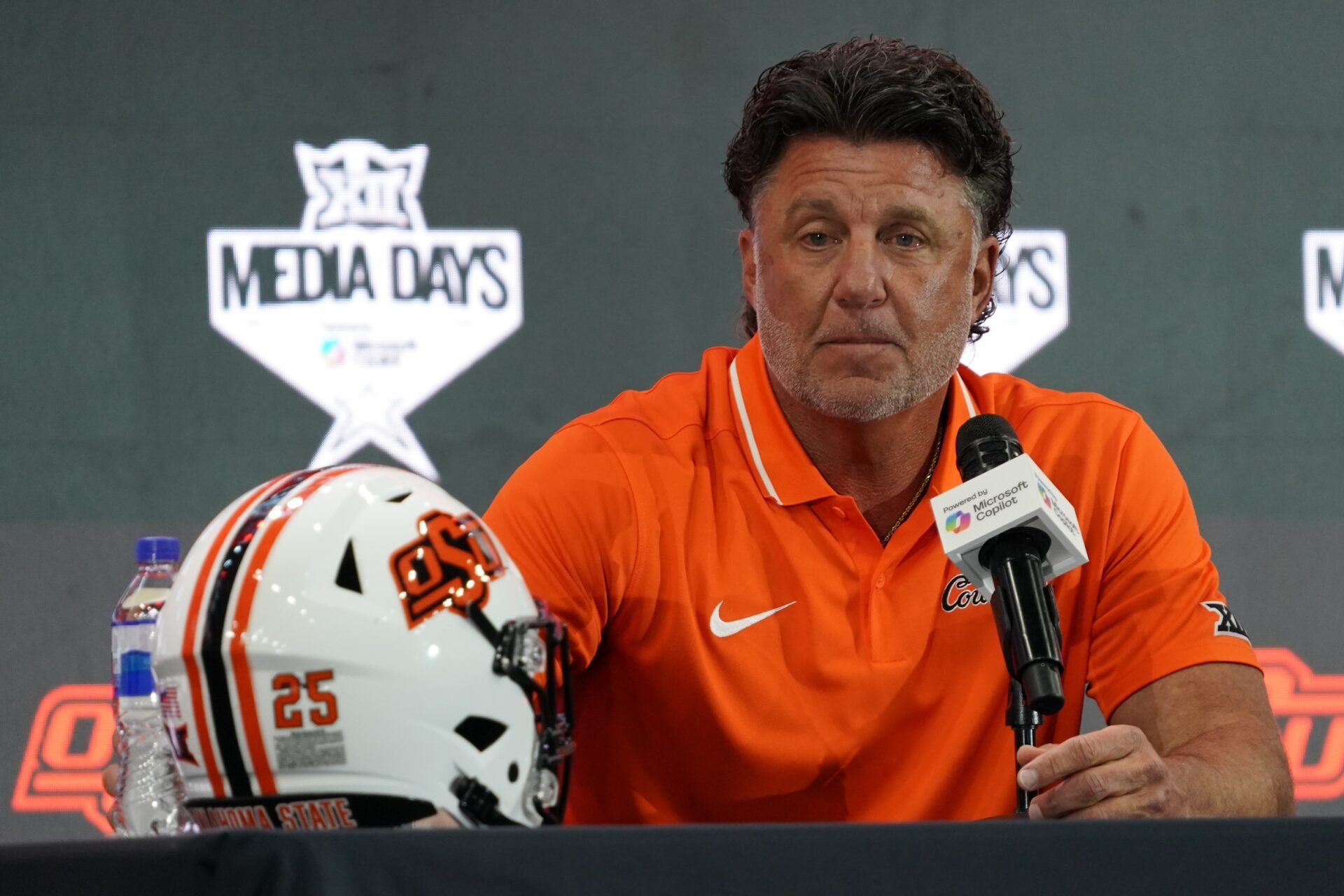 Oklahoma State head coach Mike Gundy speaks with the media during 2025 Big 12 Football Media Days at The Star.