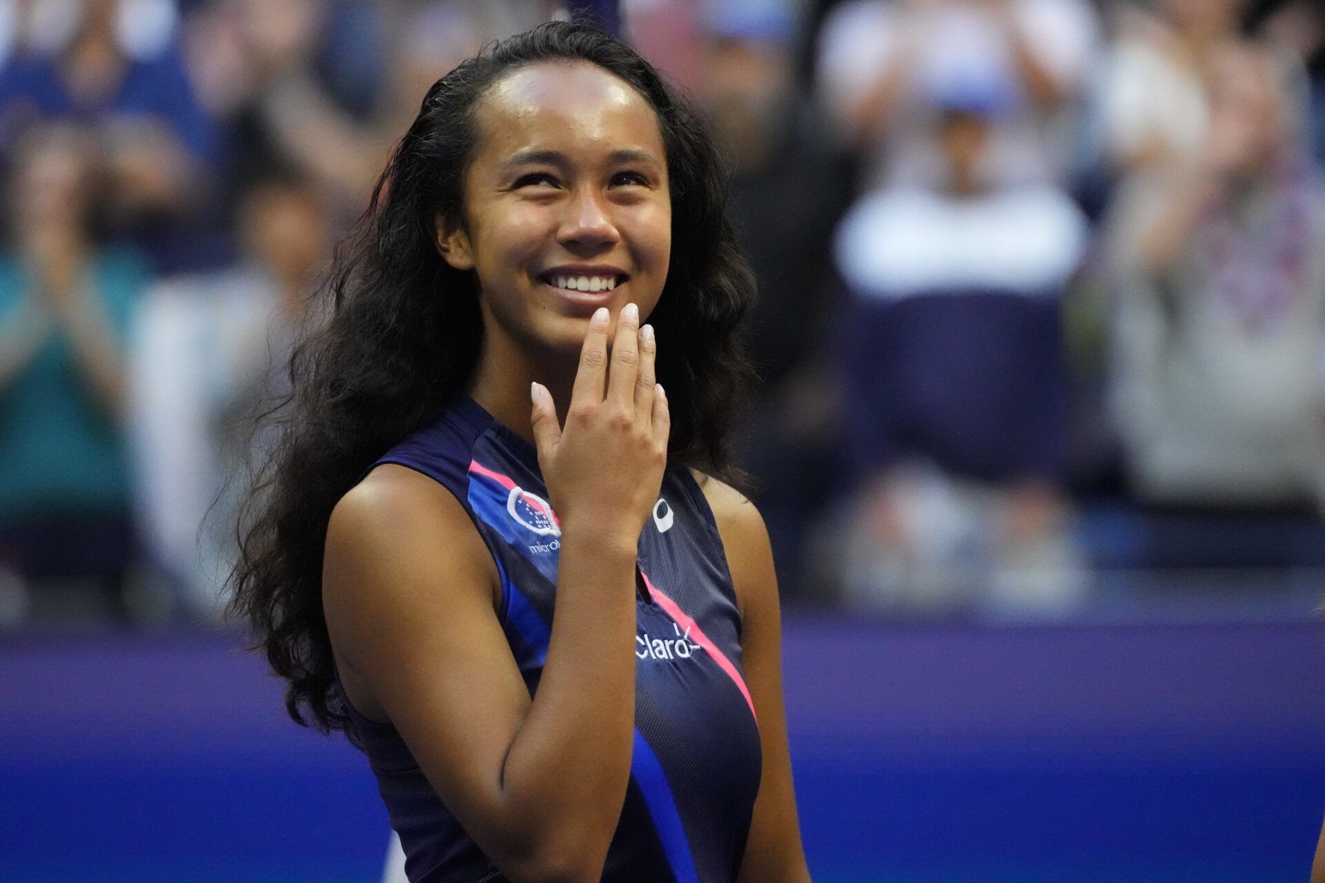 Leylah Fernandez of Canada reacts during the trophy presentation after her match against Emma Raducanu of Great Britain (not pictured) in the women's singles final on day thirteen of the 2021 U.S. Open tennis tournament at USTA Billie Jean King National Tennis Center.