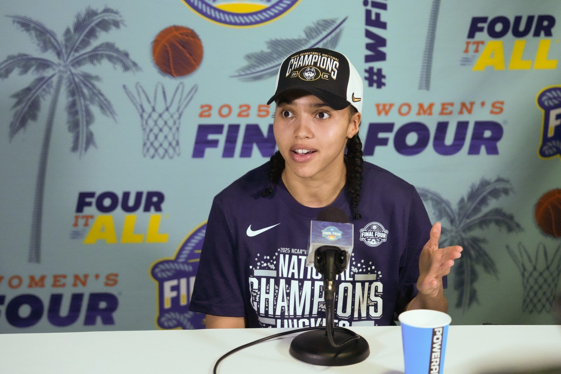 Connecticut Huskies guard Azzi Fudd (35) speaks to the media after the national championship of the women's 2025 NCAA tournament against the South Carolina Gamecocks at Amalie Arena.