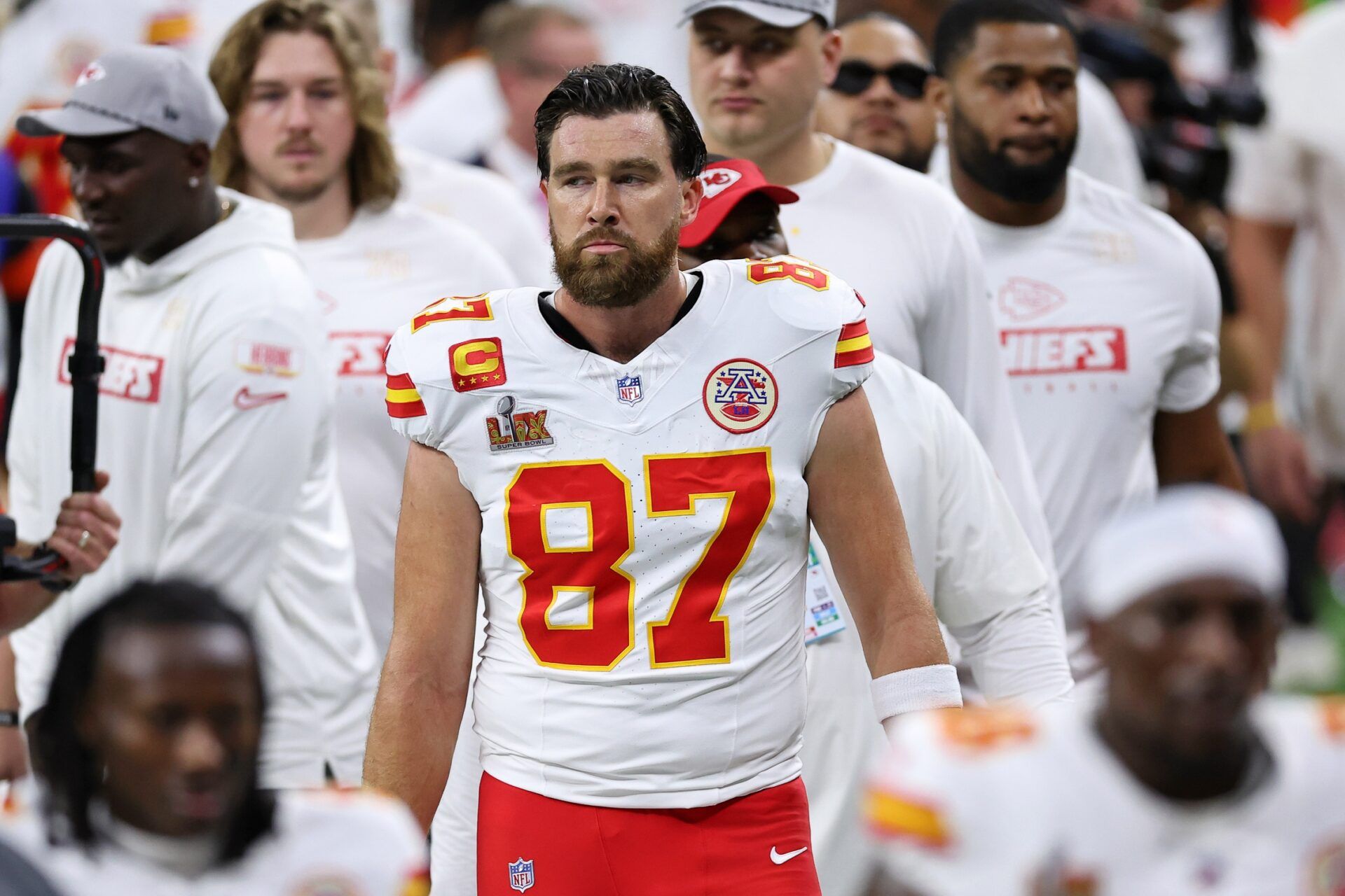 Kansas City Chiefs tight end Travis Kelce (87) looks on before Super Bowl LIX between the Philadelphia Eagles and the Kansas City Chiefs at Caesars Superdome.