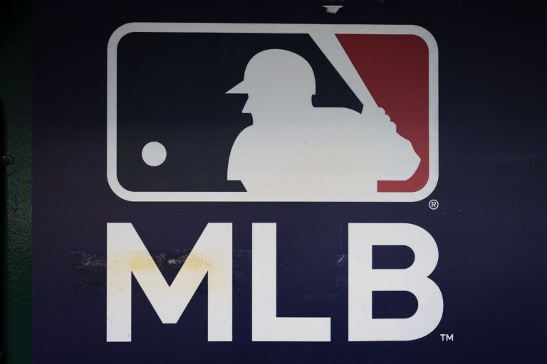 A view of the MLB logo in the dugout during the game between the Washington Nationals and the Philadelphia Phillies at Nationals Park.