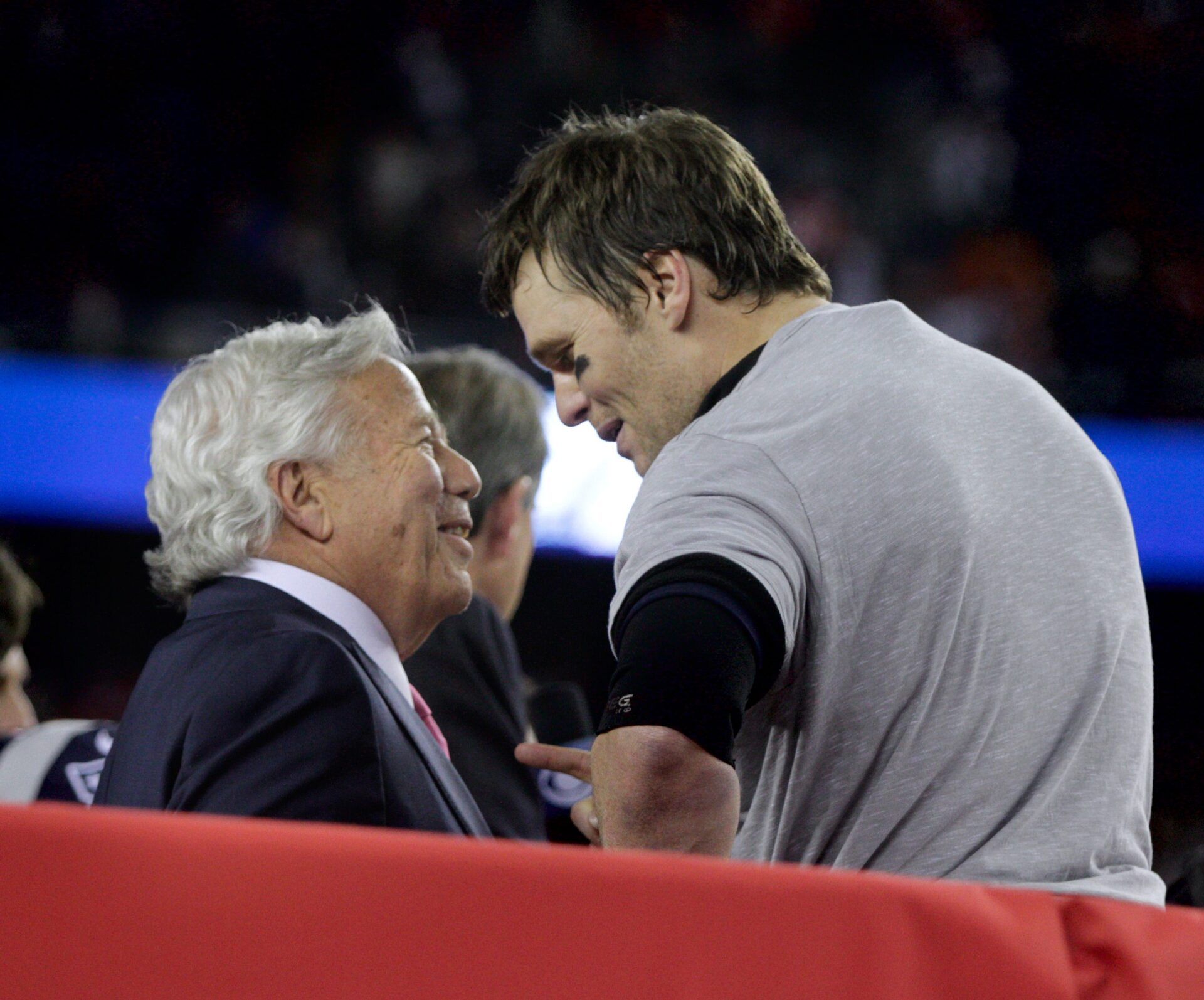 Foxboro, MA, Jan 21, 2018  -  Patriots owner Robert Kraft and Tom Brady converse on the staging before awarded the AFC Championship trophy.   The New England Patriots vs Jacksonville Jaguars in the AFC Championship at a Gillette Stadium Sunday afternoon.   [The Providence Journal / Kris Craig]

1005445533 Ri Pvd Pats 20 Kc