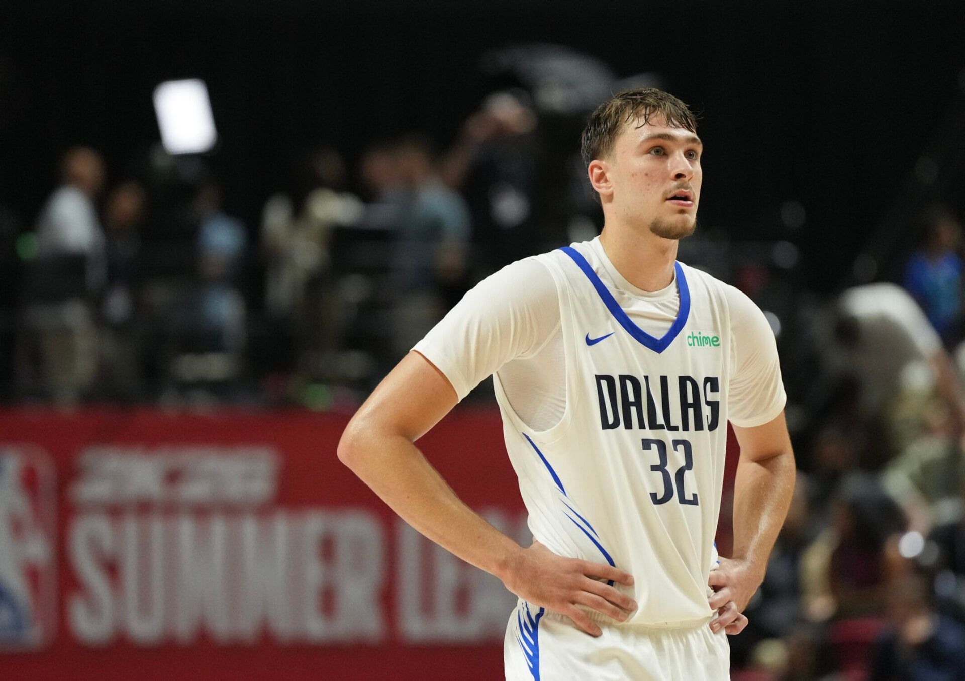 Dallas Mavericks forward Cooper Flagg (32) looks on against the Los Angeles Lakers in the third quarter of their game at Thomas & Mack Center.