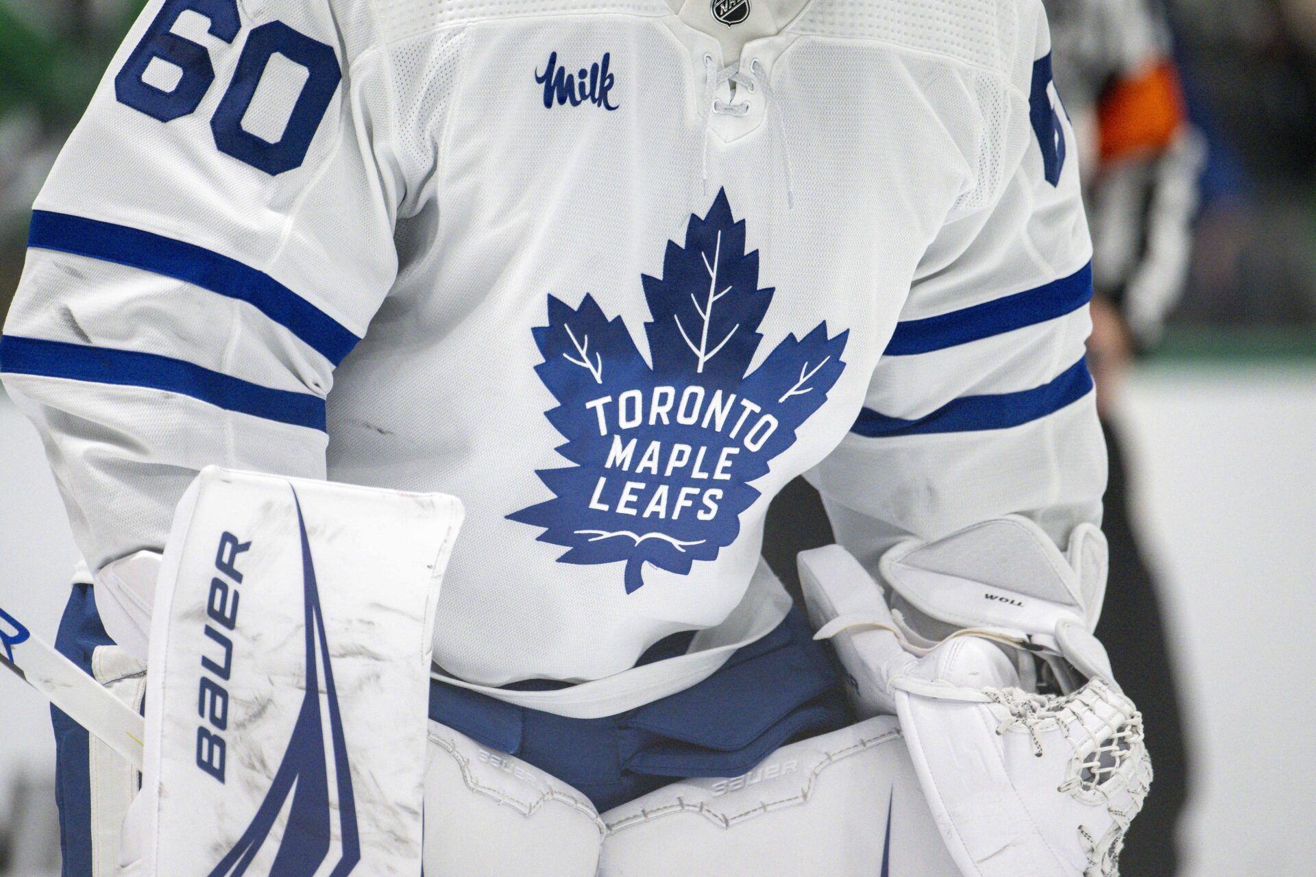 A view of the logo on the jersey of Toronto Maple Leafs goaltender Joseph Woll (60) in action during the game between the Dallas Stars and the Toronto Maple Leafs at the American Airlines Center.