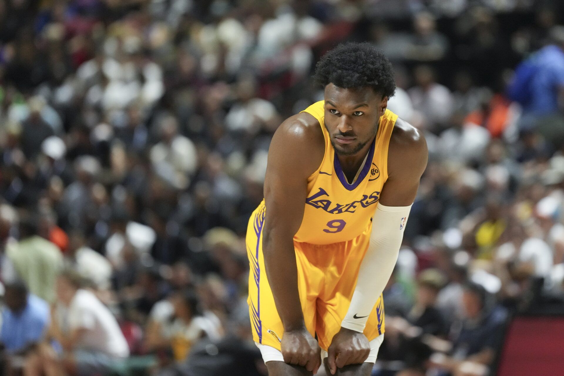 Los Angeles Lakers guard Bronny James (9) prepares for the start of the second quarter against the Dallas Mavericks at Thomas & Mack Center.
