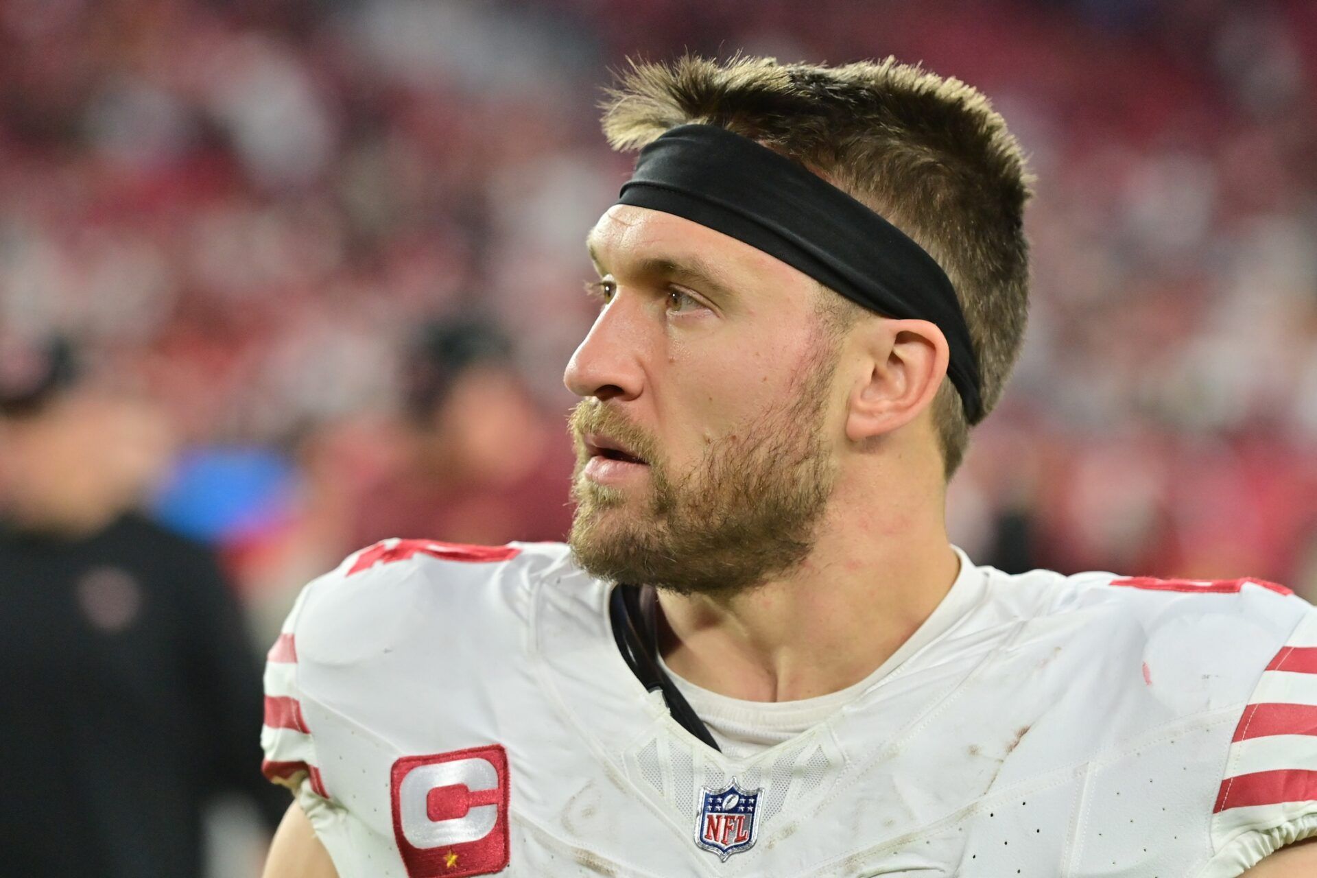 San Francisco 49ers fullback Kyle Juszczyk (44) looks on after losing to the Arizona Cardinals at State Farm Stadium.