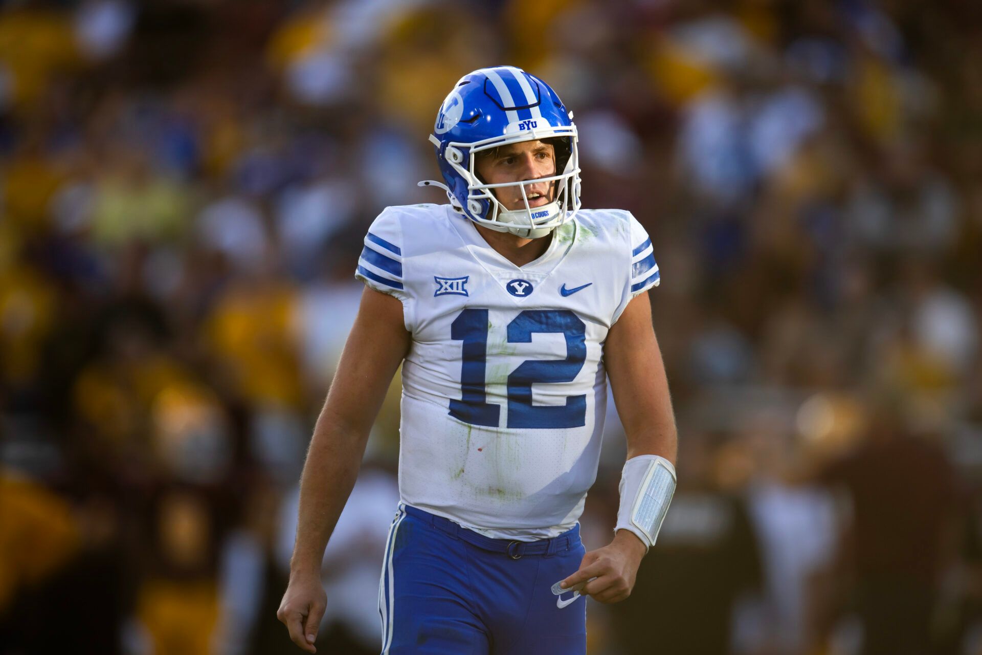 Brigham Young Cougars quarterback Jake Retzlaff (12) against the Arizona State Sun Devils at Mountain America Stadium.