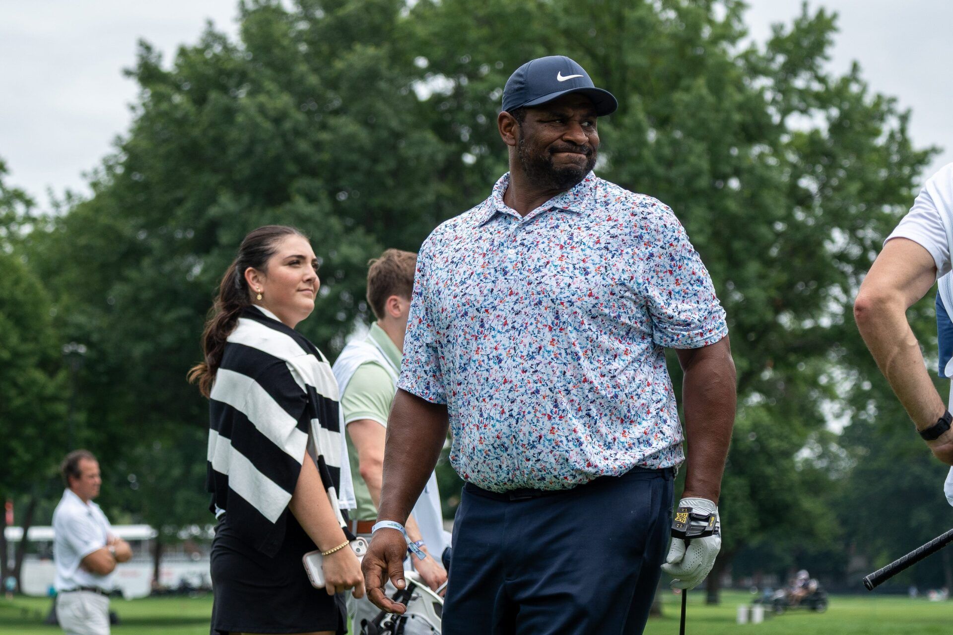 Former NFL running back Jerome Bettis reacts after hitting a shot from the fairway during the Rocket Classic Pro-Am in Detroit on Wednesday, June 25, 2025.
