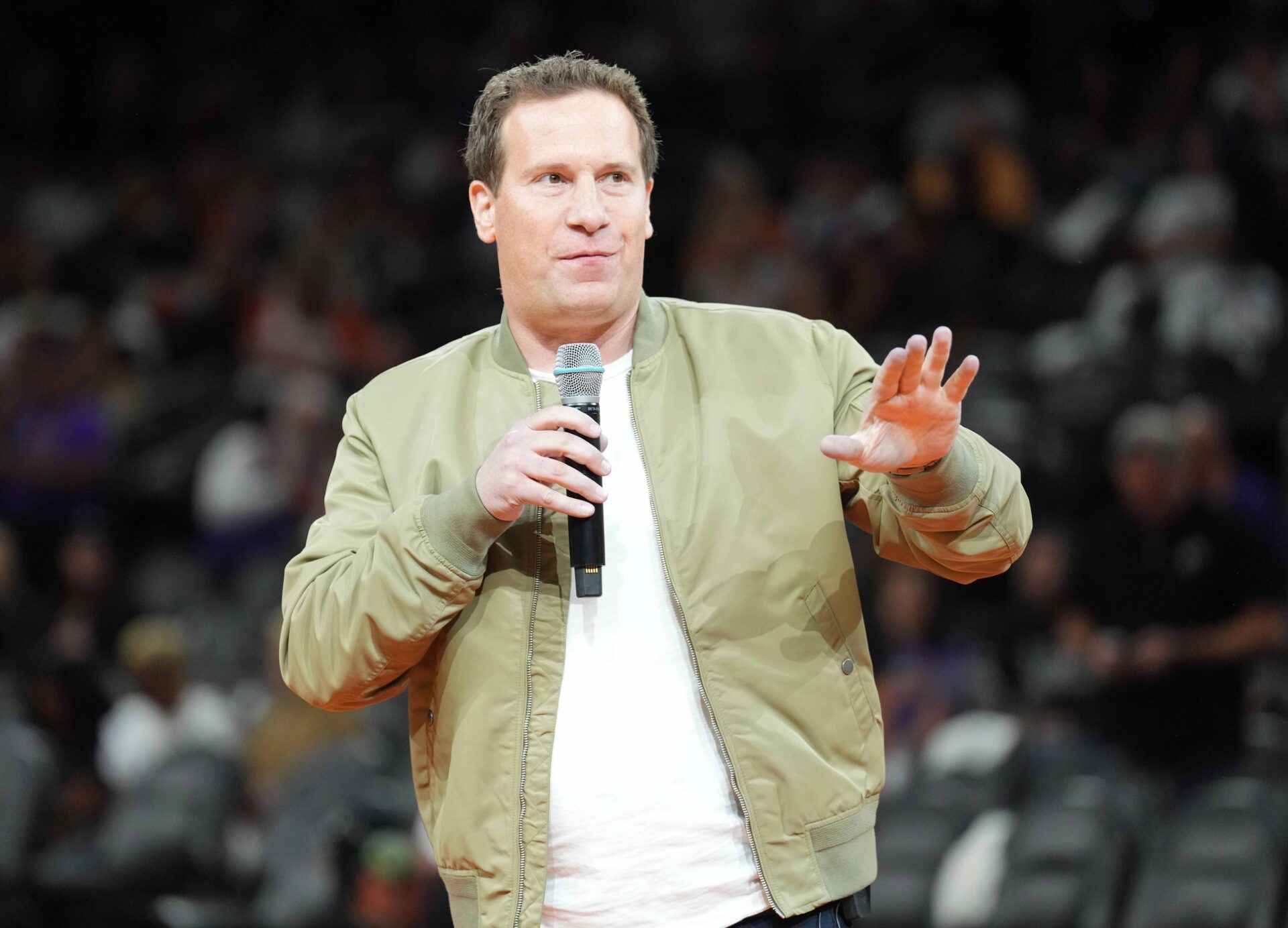 Phoenix Suns owner Matt Ishbia greets fans during a Ring of Honor half time ceremony of the game against the Utah Jazz at Footprint Center.