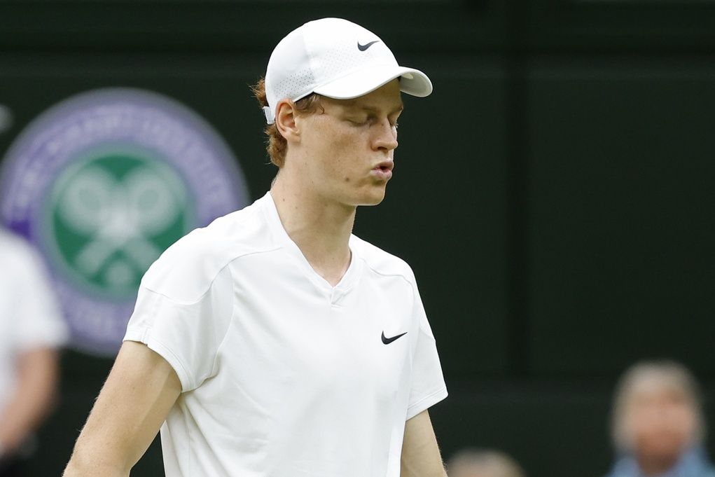 Jannik Sinner (ITA) reacts after winning the fourth set against Daniil Medvedev (not pictured) in a gentlemen's singles quarter-final match on day nine of The Championships Wimbledon 2024 at The All England Lawn Tennis Club.